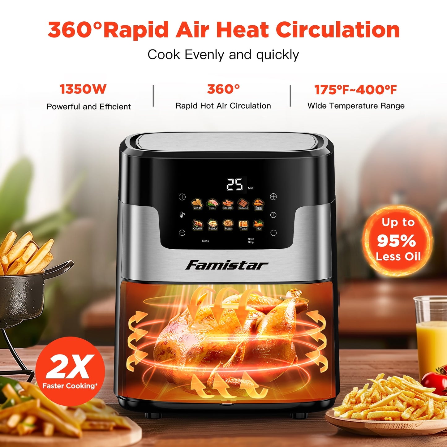 Air Fryer 7.5QT, 10 Preset Programs Air Fryer Oven, 10-in-1 Digital LED Touch Screen, 95% Less Oil, Dishwasher-Safe, 1400W Fast Heating, Visible Window, Air Fryer with 100Pcs Liner