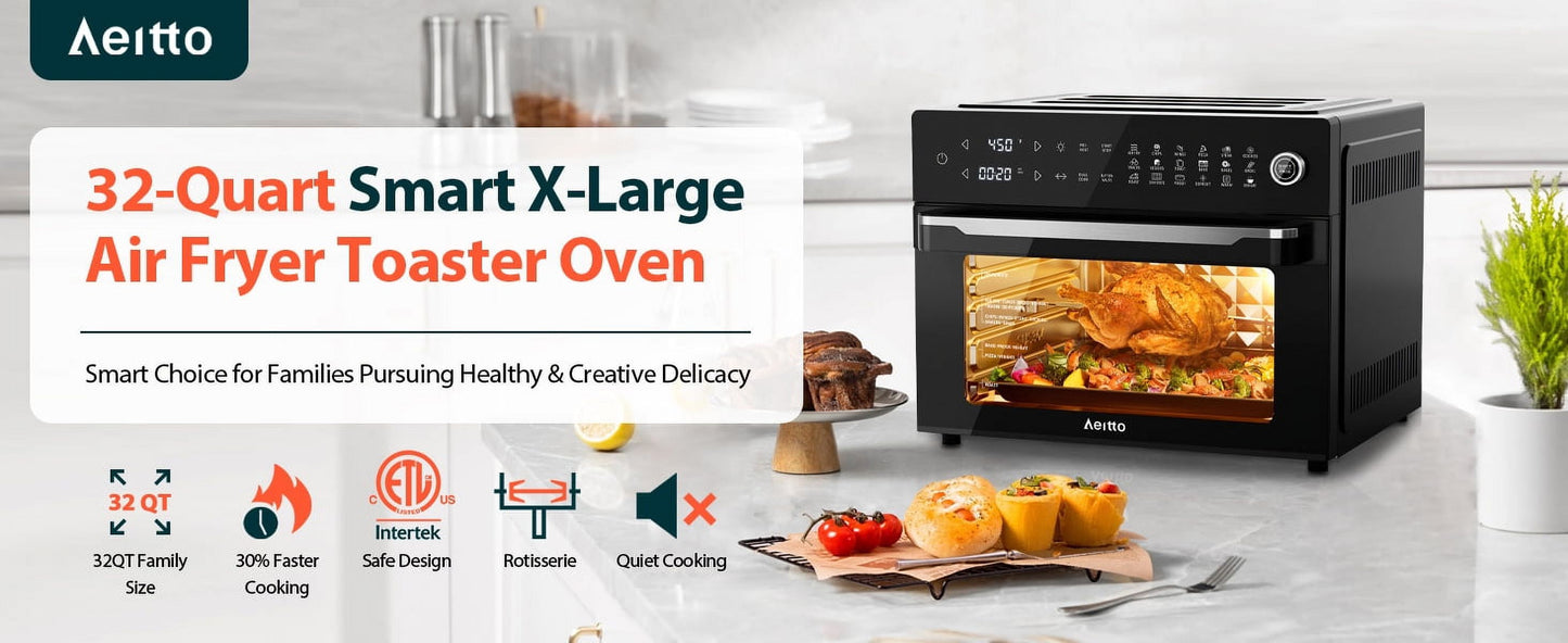 Aeitto® 32-Quart PRO Large Air Fryer Oven| Toaster Oven Combo | with Rotisserie, Dehydrator and Full Accessories | 19-In-1 Digital Airfryer | Fit 13" Pizza, 9pcs Toast, 1800w, Black