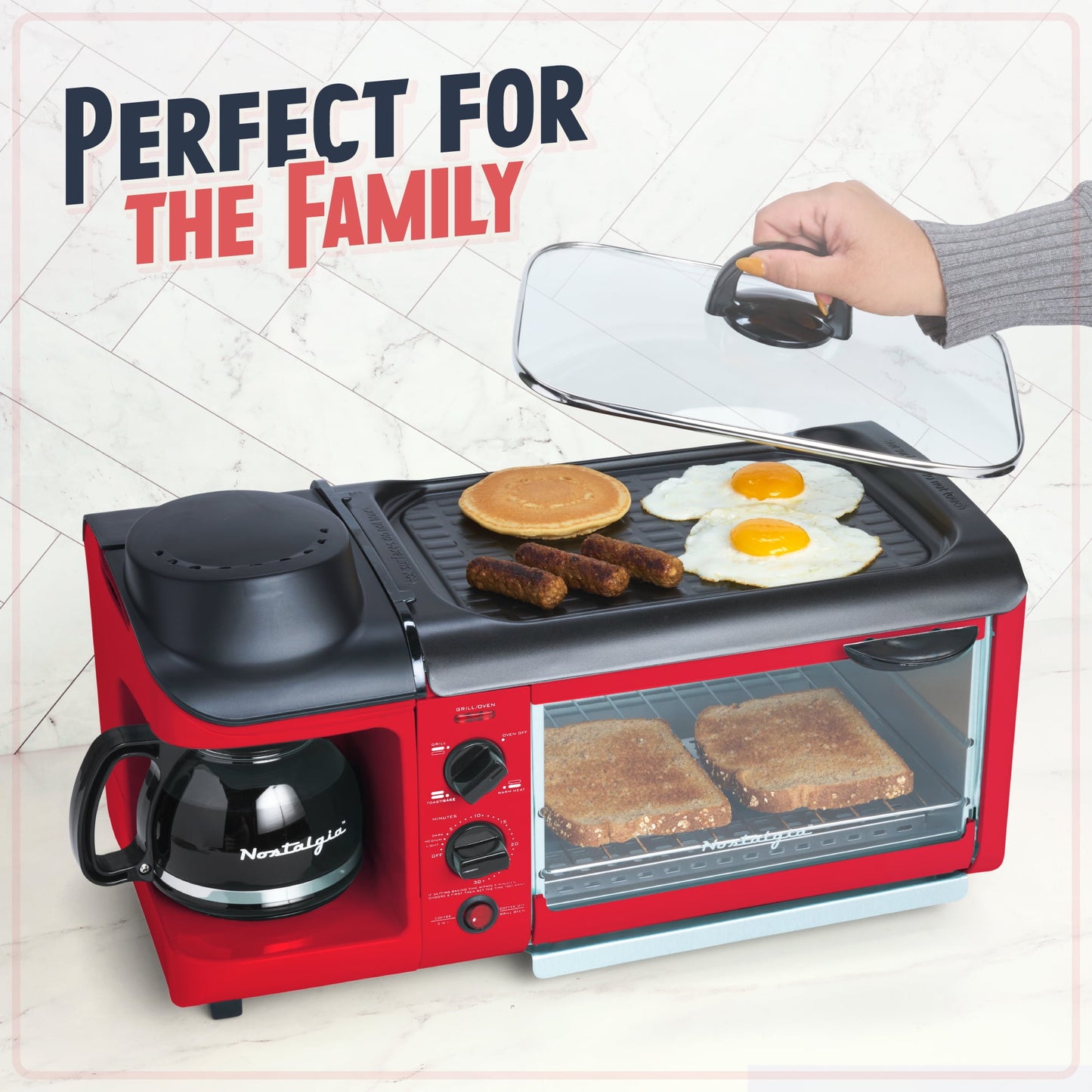 Nostalgia BST3RR Retro 3-in-1 Family Size Electric Breakfast Station, Coffeemaker, Griddle, Toaster Oven - Retro Red