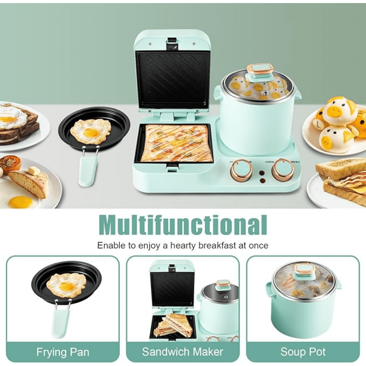 3 in 1 Breakfast Station, 1050W Non-stick Breakfast Machine with Frying Pan, Boiling Pot, Food Steamer, Stainless Steel Retro Electric Breakfast Maker, Suitable for Home Breakfast or Commercial Use