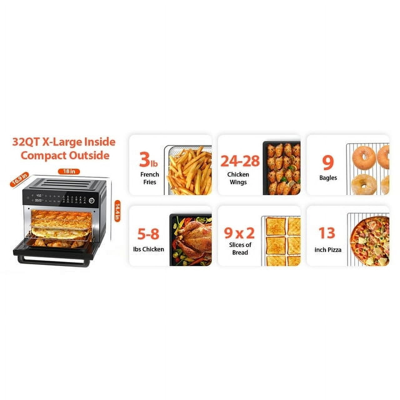 Aeitto PRO 32-Quart Air Fryer Oven, Toaster Combo with Rotisserie, Dehydrator, 19-In-1 Digital, Fits 13" Pizza, 1800W