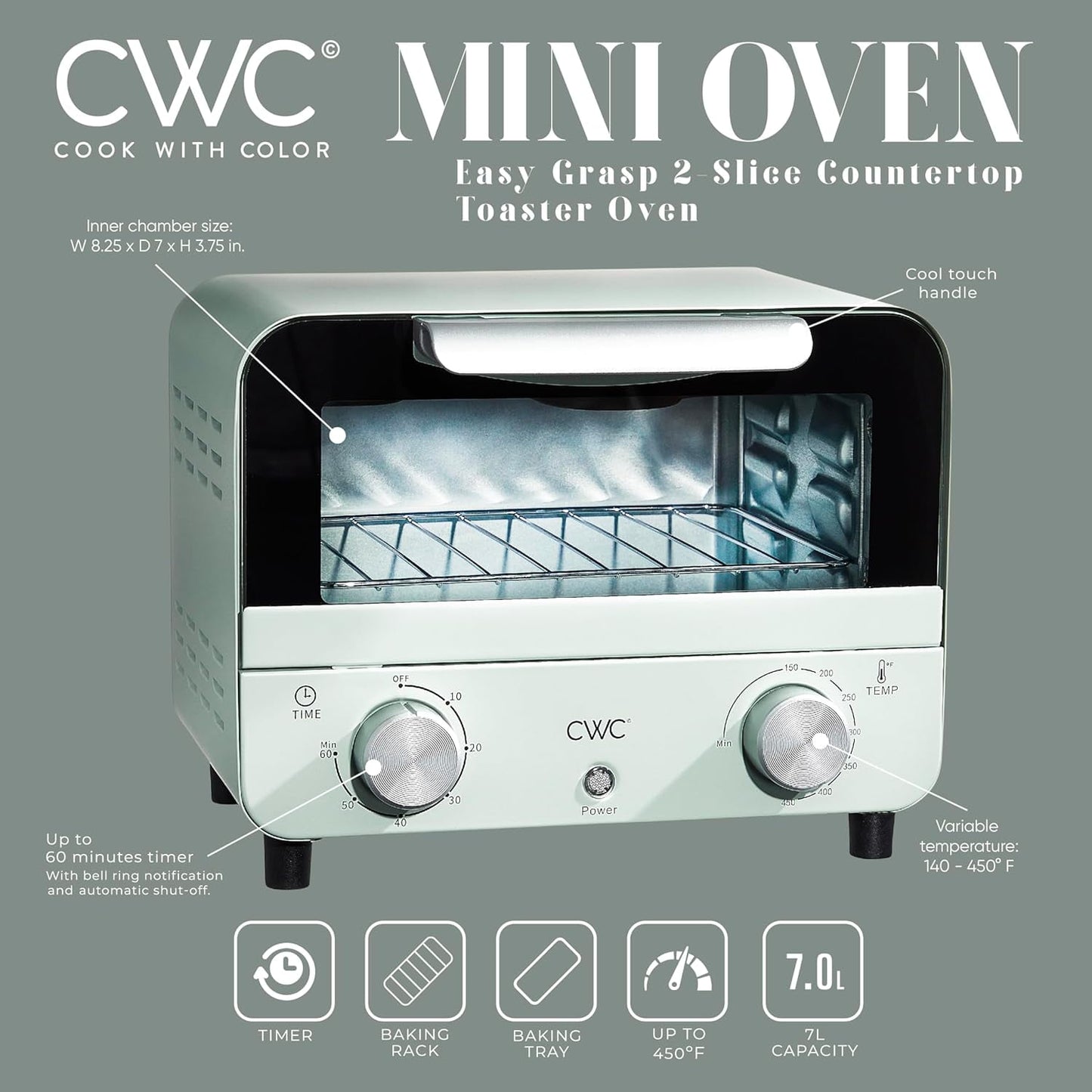 COOK WITH COLOR Small Toaster Oven 600-Watt Countertop Oven Cooker Kitchen Appliance, Sage