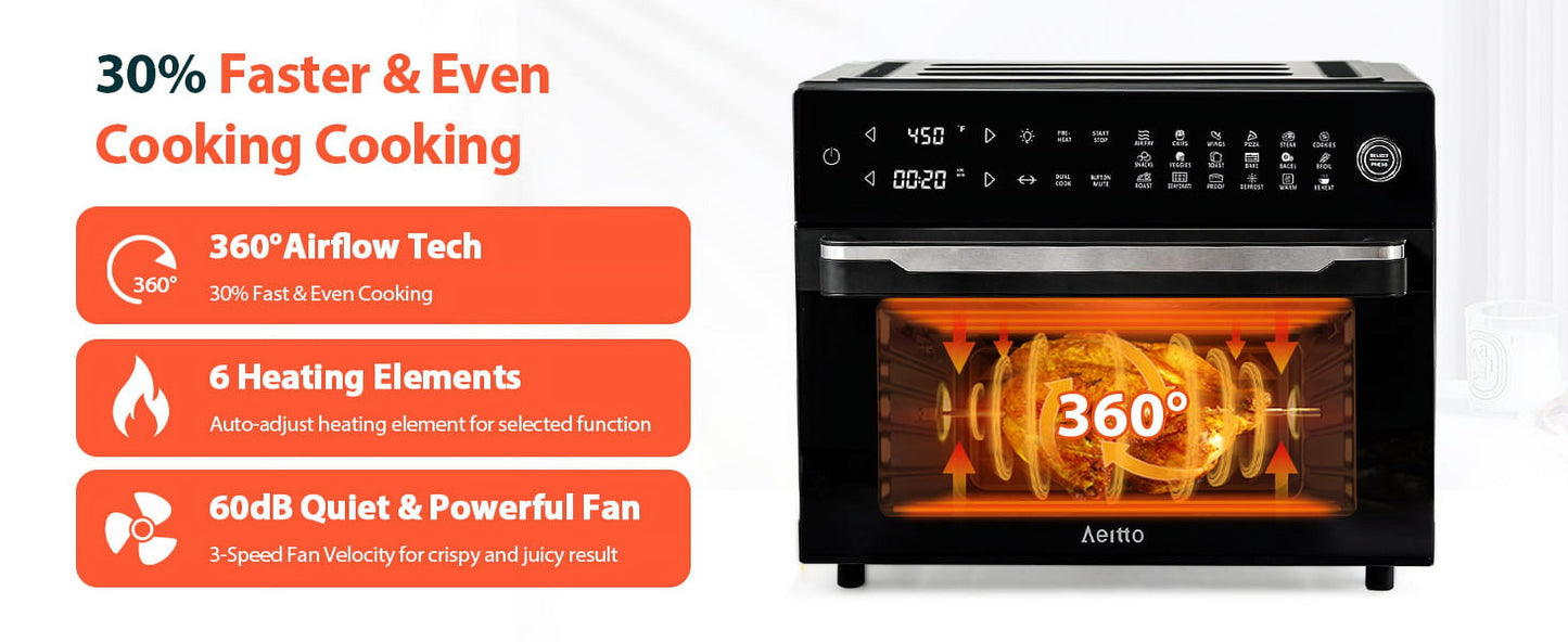 Aeitto® 32-Quart PRO Large Air Fryer Oven| Toaster Oven Combo | with Rotisserie, Dehydrator and Full Accessories | 19-In-1 Digital Airfryer | Fit 13" Pizza, 9pcs Toast, 1800w, Black