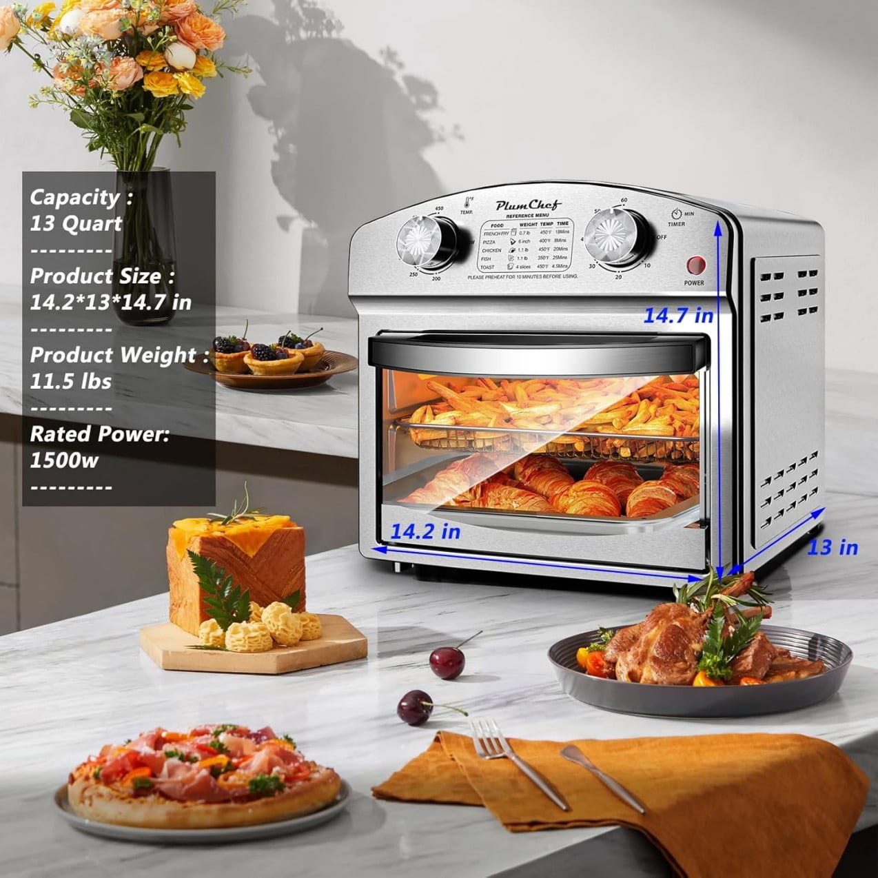 12.5QT 7-in-1 Convection Toaster Oven 1500W, Stainless Steel with 5 Presets – Bake, Roast, Grill, Broil & Toast