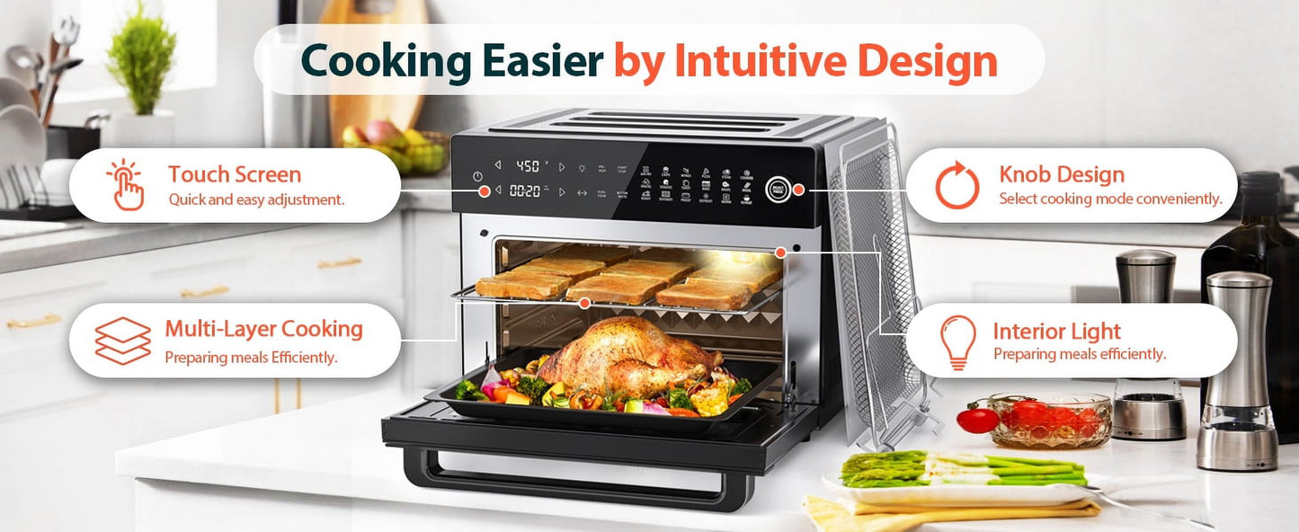Aeitto® 32-Quart PRO Large Air Fryer Oven| Toaster Oven Combo | with Rotisserie, Dehydrator and Full Accessories | 19-In-1 Digital Airfryer | Fit 13" Pizza, 9pcs Toast, 1800w, Black