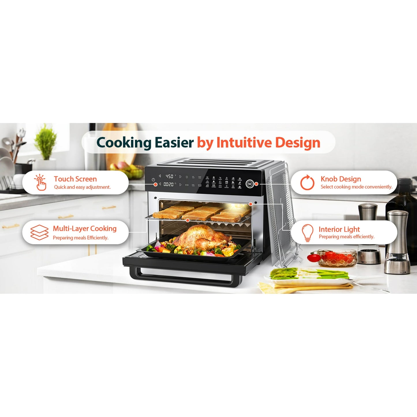 Aeitto PRO 32-Quart Air Fryer Oven, Toaster Combo with Rotisserie, Dehydrator, 19-In-1 Digital, Fits 13" Pizza, 1800W