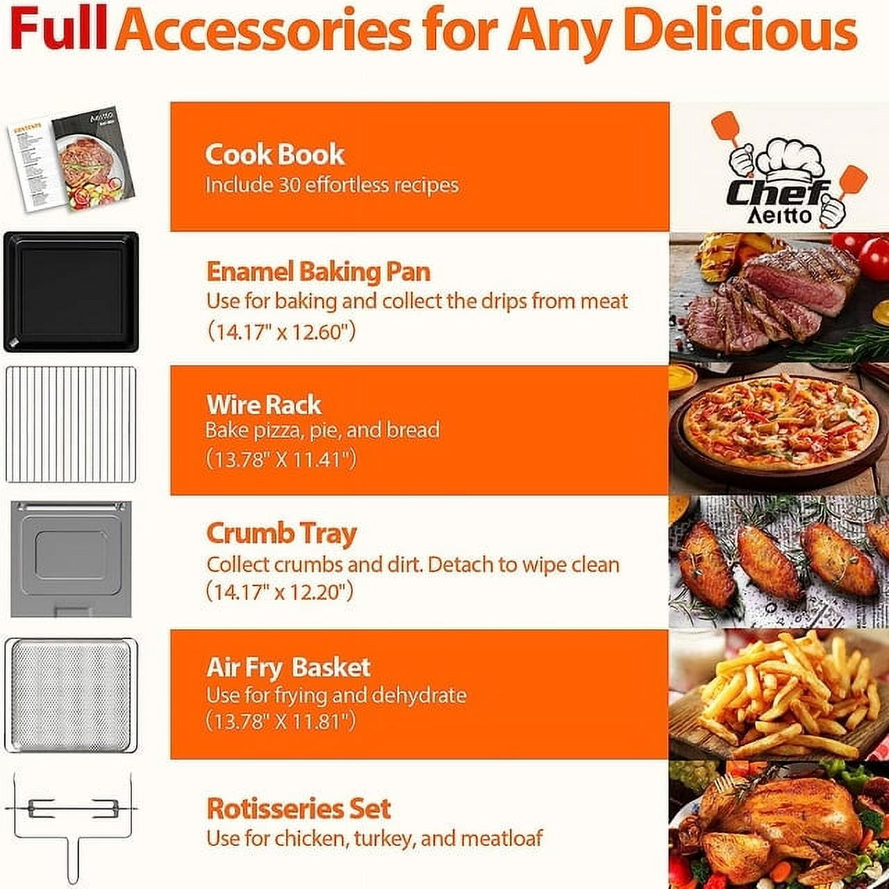 Aeitto PRO 32-Quart Air Fryer Oven, Toaster Combo with Rotisserie, Dehydrator, 19-In-1 Digital, Fits 13" Pizza, 1800W