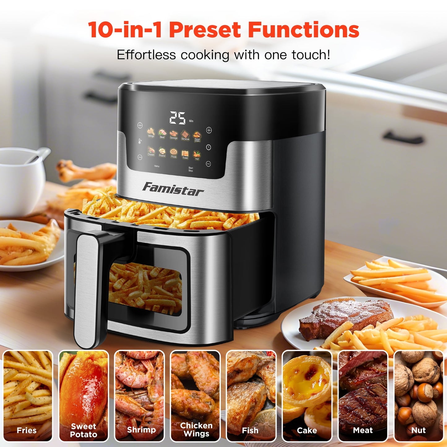 Air Fryer 7.5QT, 10 Preset Programs Air Fryer Oven, 10-in-1 Digital LED Touch Screen, 95% Less Oil, Dishwasher-Safe, 1400W Fast Heating, Visible Window, Air Fryer with 100Pcs Liner