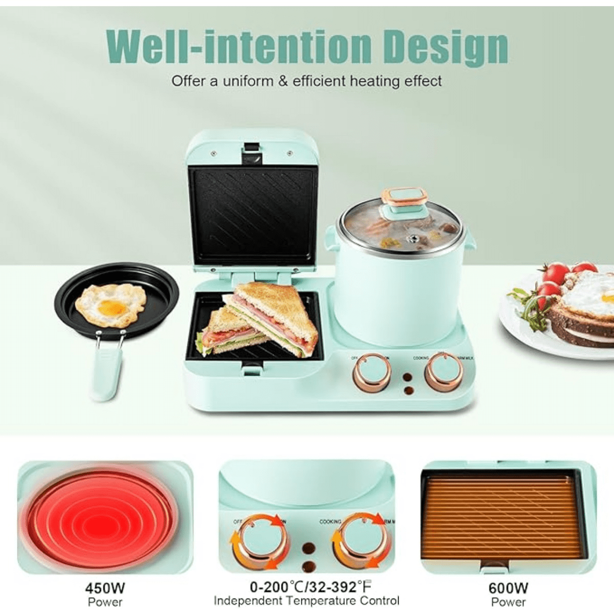 3 in 1 Breakfast Station, 1050W Non-stick Breakfast Machine with Frying Pan, Boiling Pot, Food Steamer, Stainless Steel Retro Electric Breakfast Maker, Suitable for Home Breakfast or Commercial Use