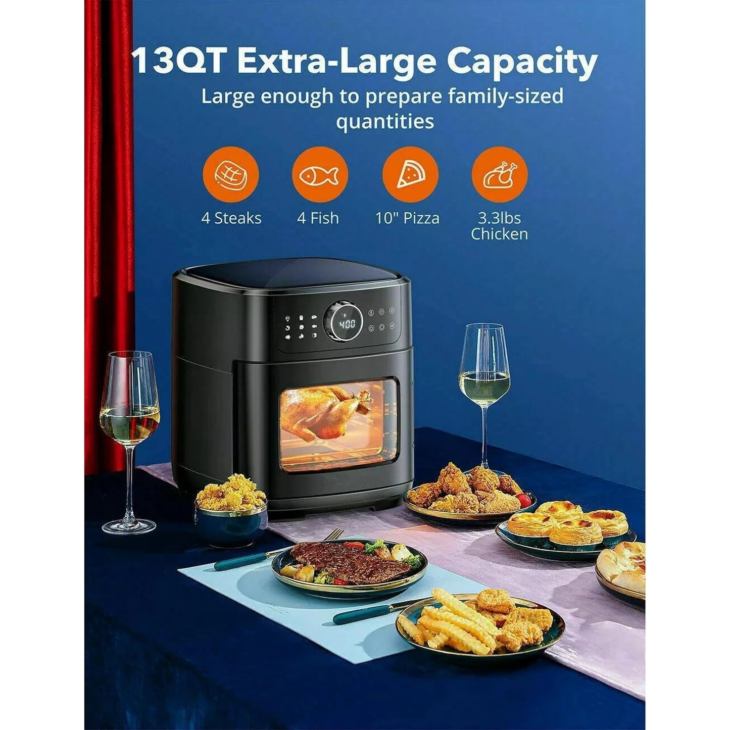 13QT Air Fryer, 1700W Toaster Oven Air Fryer Combo with Digital Touch Screen, Family Size Air Fryer Oven w/Air fry, Roast, Toast, Broil, Rotisserie & Dehydrator, Black