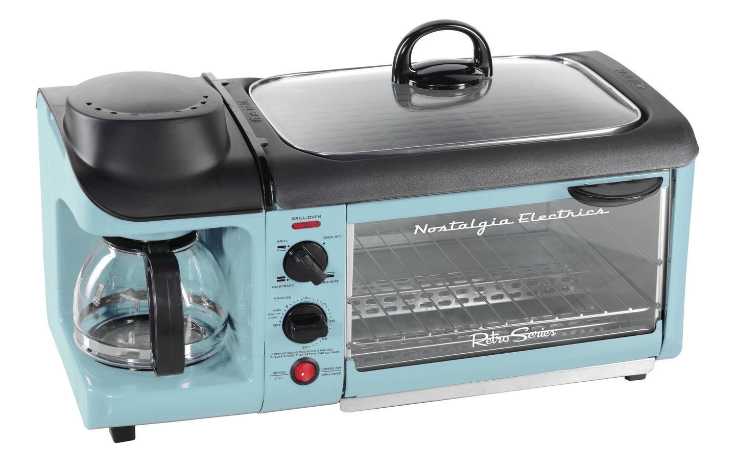 Nostalgia BST3RR Retro 3-in-1 Family Size Electric Breakfast Station, Coffeemaker, Griddle, Toaster Oven - Retro Red