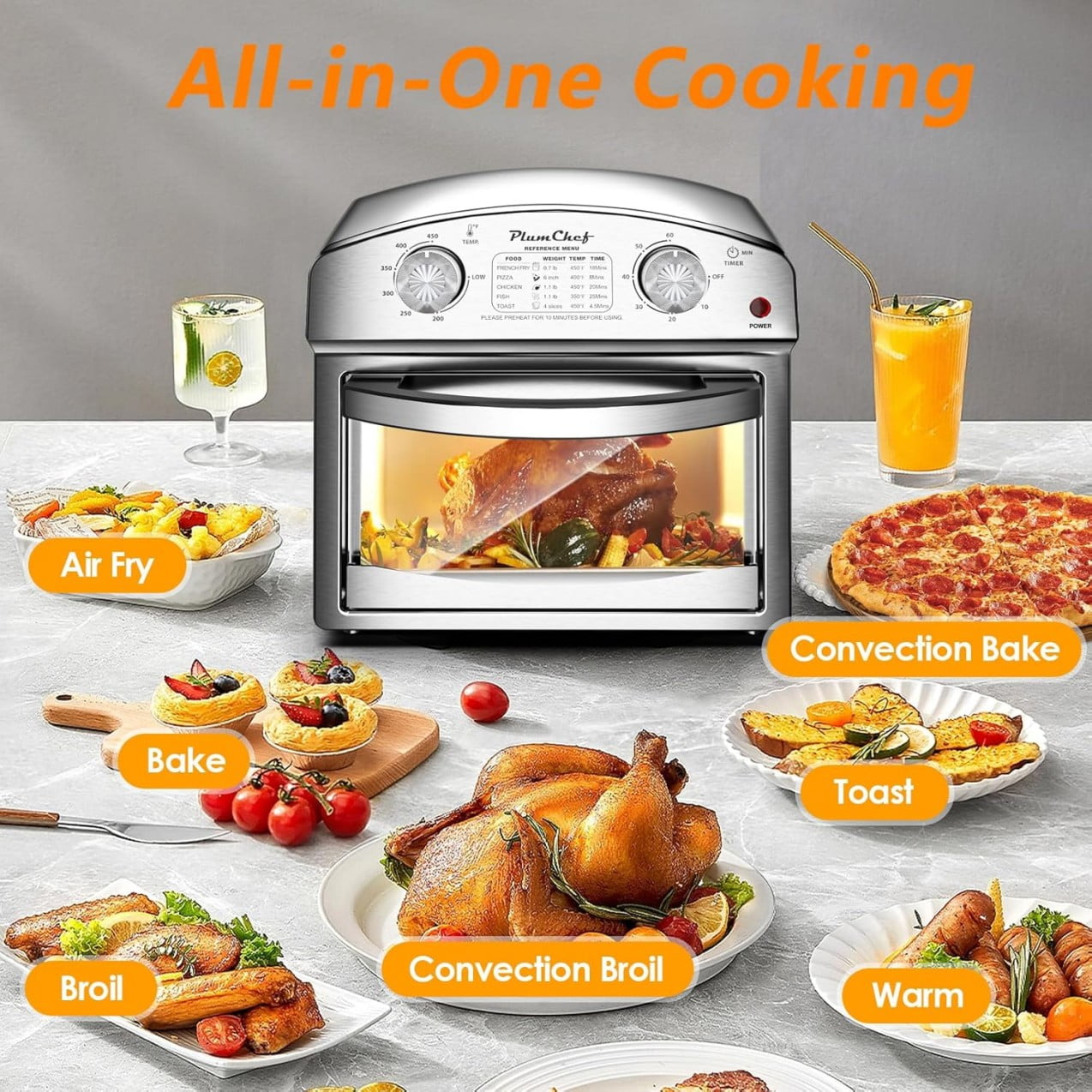 12.5QT 7-in-1 Convection Toaster Oven 1500W, Stainless Steel with 5 Presets – Bake, Roast, Grill, Broil & Toast