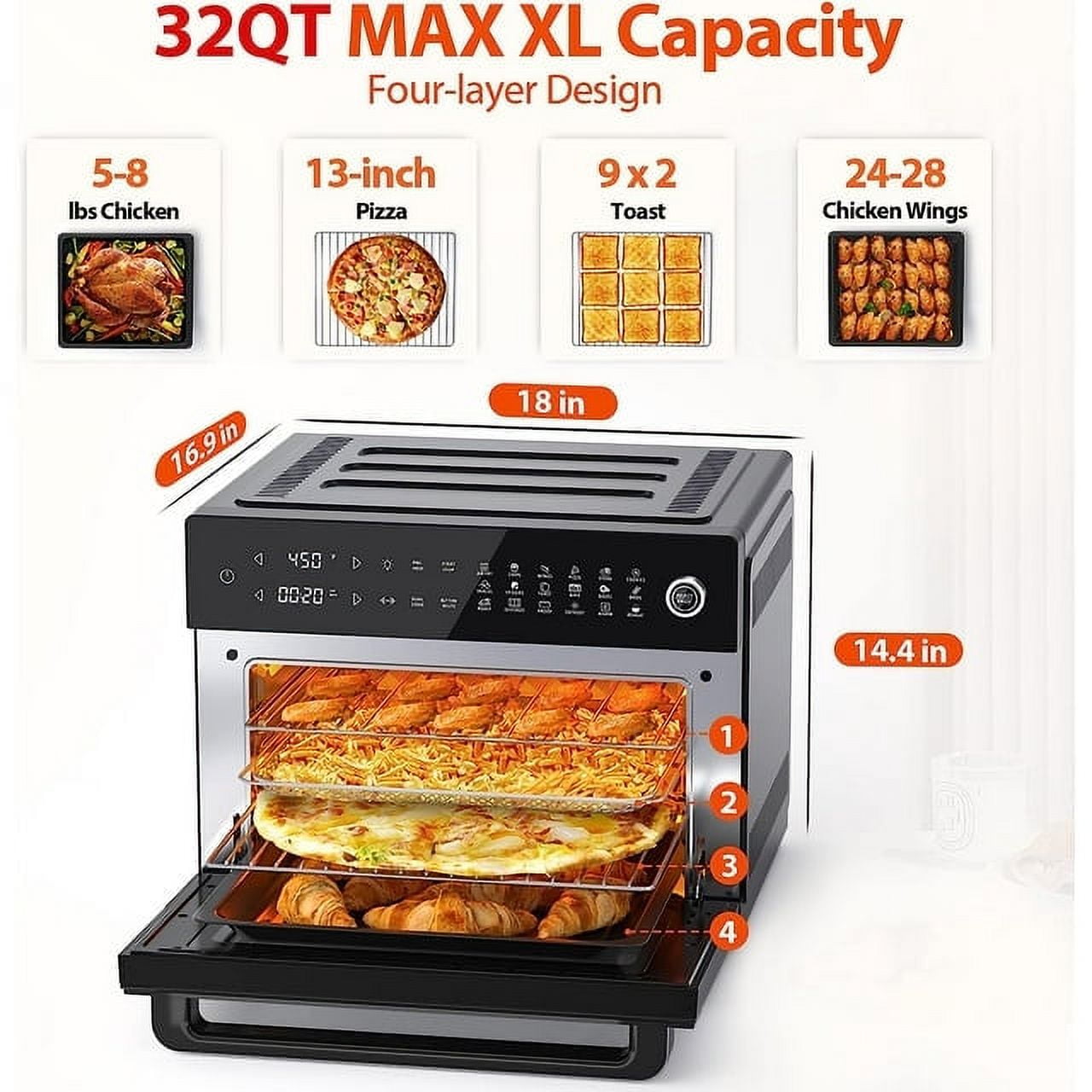 Aeitto PRO 32-Quart Air Fryer Oven, Toaster Combo with Rotisserie, Dehydrator, 19-In-1 Digital, Fits 13" Pizza, 1800W