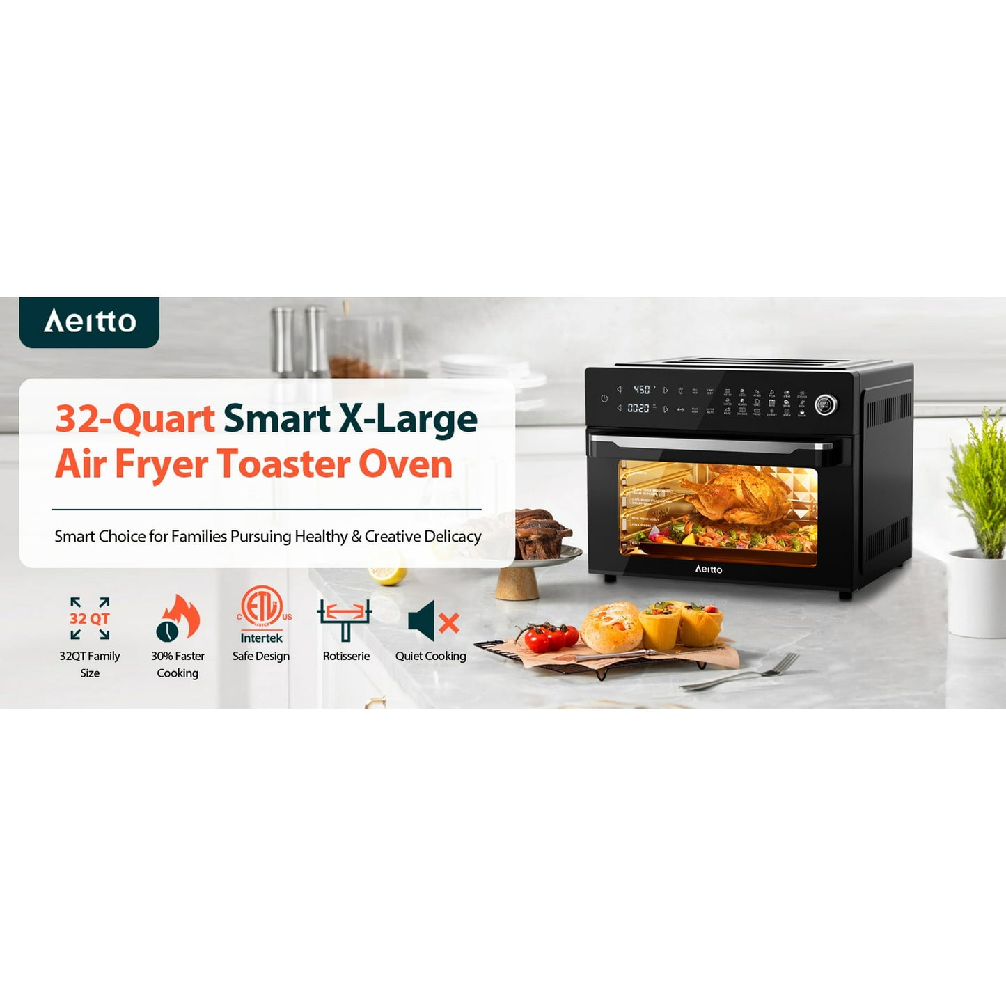 Aeitto PRO 32-Quart Air Fryer Oven, Toaster Combo with Rotisserie, Dehydrator, 19-In-1 Digital, Fits 13" Pizza, 1800W