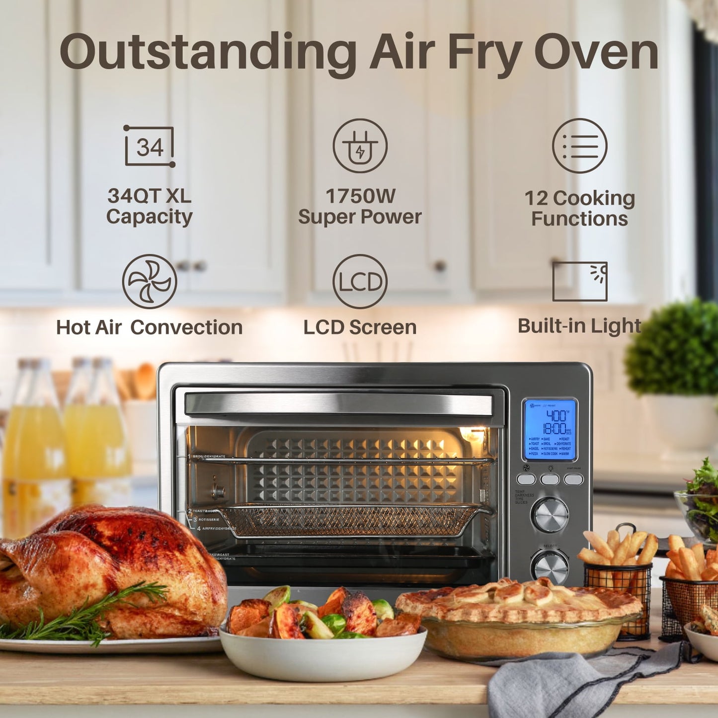 Air Fryer Toaster Oven 12-in-1 Countertop Oven with Speedy Convection, Large 34 QT Capacity, 1750W, Stainless Steel - Gray