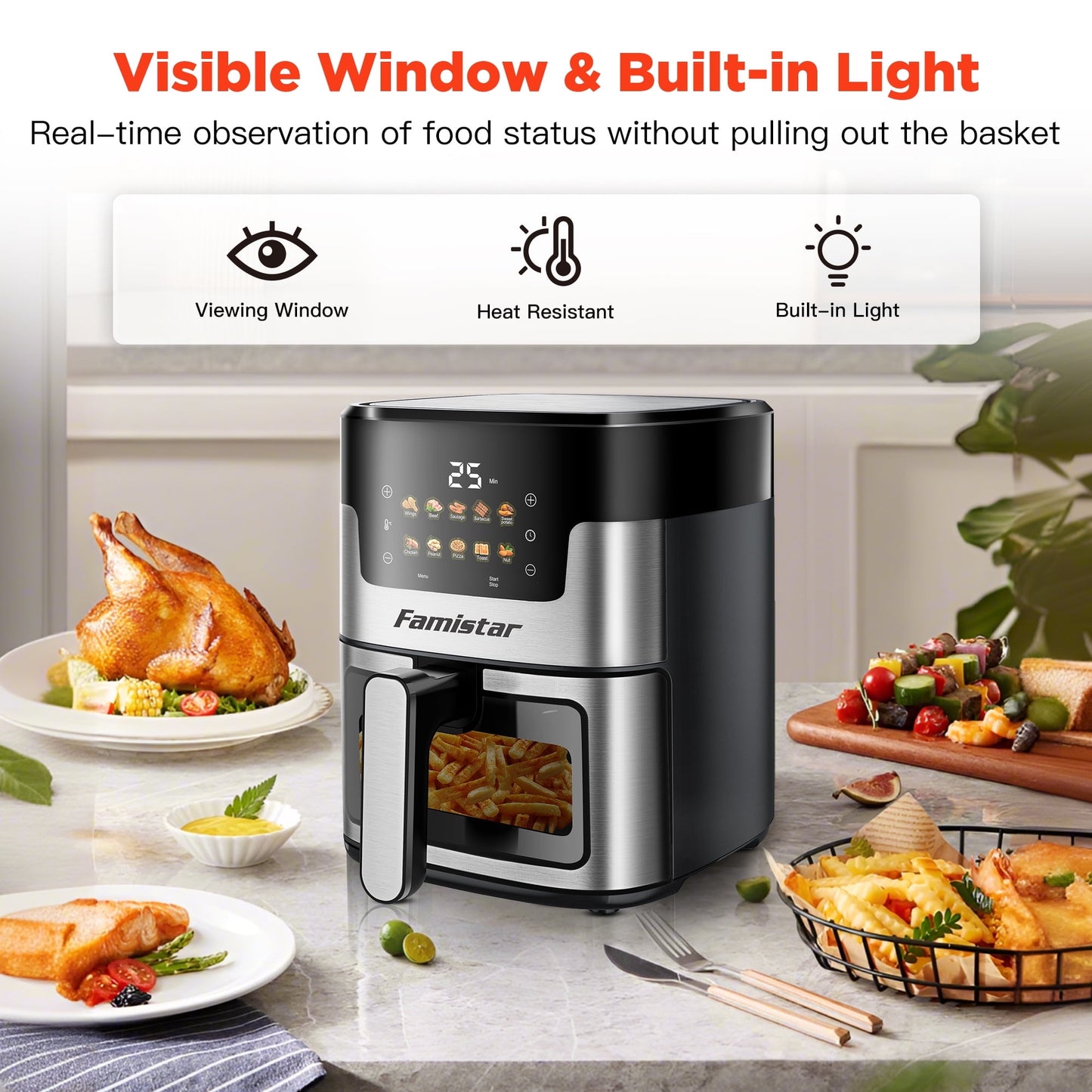 Air Fryer 7.5QT, 10 Preset Programs Air Fryer Oven, 10-in-1 Digital LED Touch Screen, 95% Less Oil, Dishwasher-Safe, 1400W Fast Heating, Visible Window, Air Fryer with 100Pcs Liner