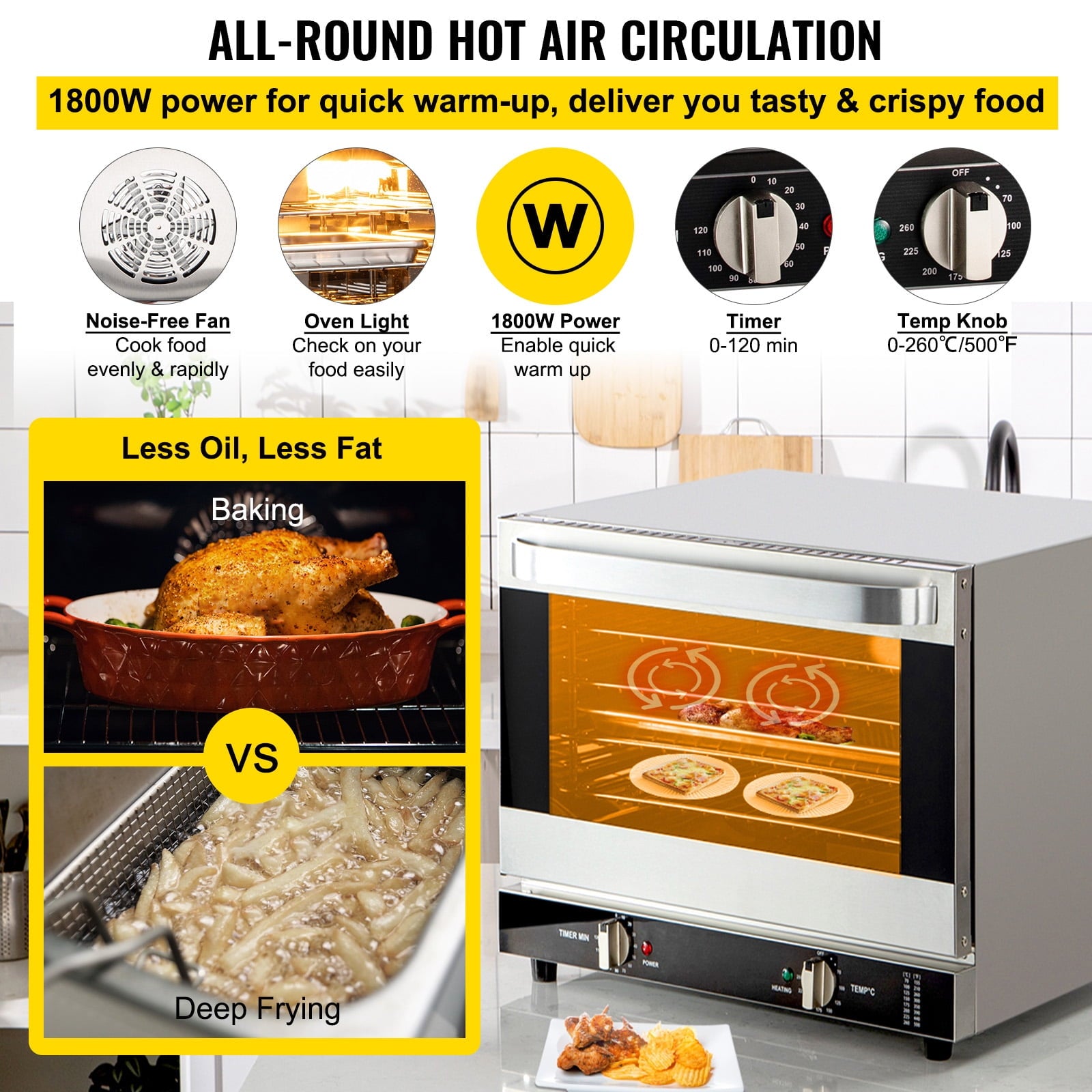 KFFKFF Commercial Convection Oven, 66L/60Qt, Half-Size Conventional Oven Countertop, 1800W 4-Tier Toaster with Front Glass Door, Electric Baking Oven with Trays Wire Racks Clip Gloves, 120V