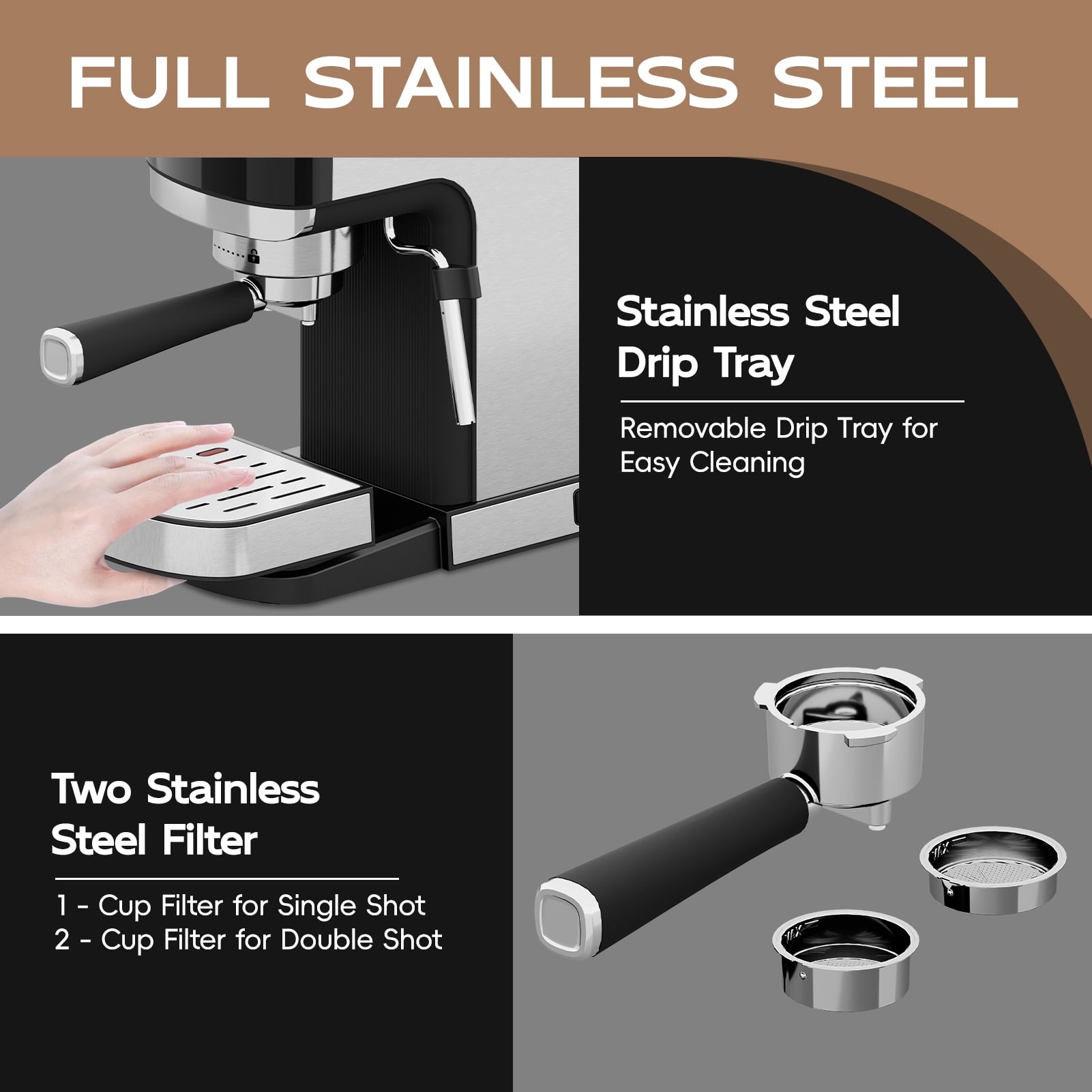 WHALL Touchscreen Espresso Machine 20 Bar，Espresso Coffee Maker with Milk Frother Steam Wand, Stainless Steel Coffee Machine with Removable Water Tank New