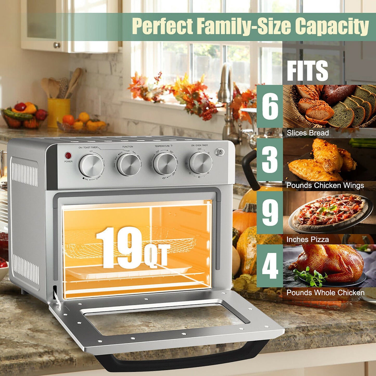 Costway 7-in-1 Air Fryer Toaster Oven 19 QT Dehydrate Convection Ovens w/ 5 Accessories