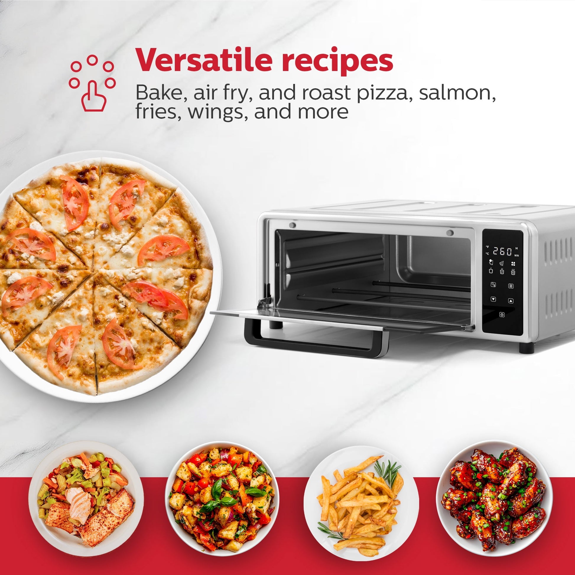 Holstein Housewares Pizza Air Fryer Oven 600°F – 12-Inch Countertop Convection Oven with Air Fryer, Bake, Toast, and Broil Functions, 1700W, Compact Design for Quick Meals, Stainless Steel
