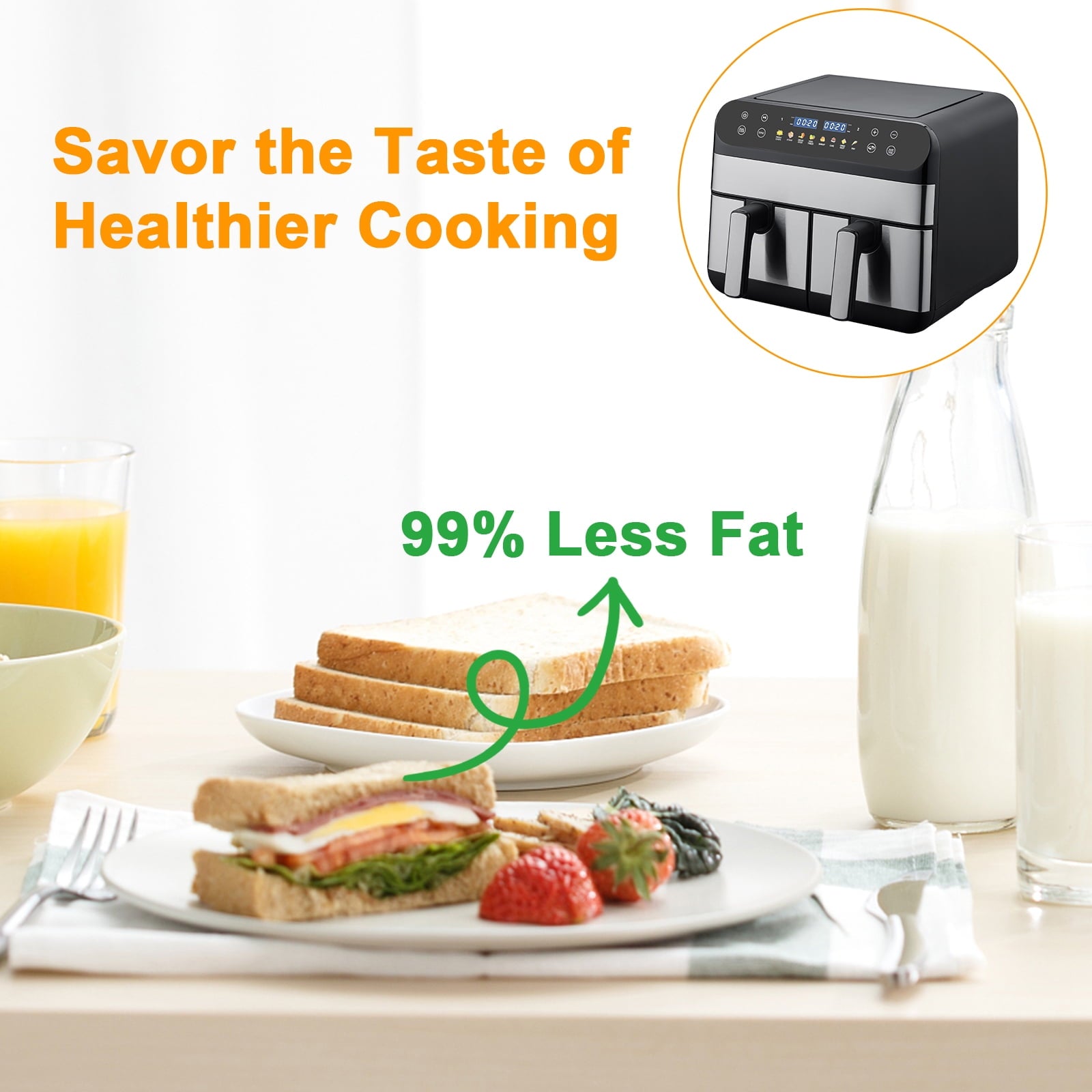 Jacgood 8-In-1 Dual Basket Digital Air Fryer Oven w/ Touch Screen, 2 Independent 9.5 QT Baskets For Cooking - 1800W, New
