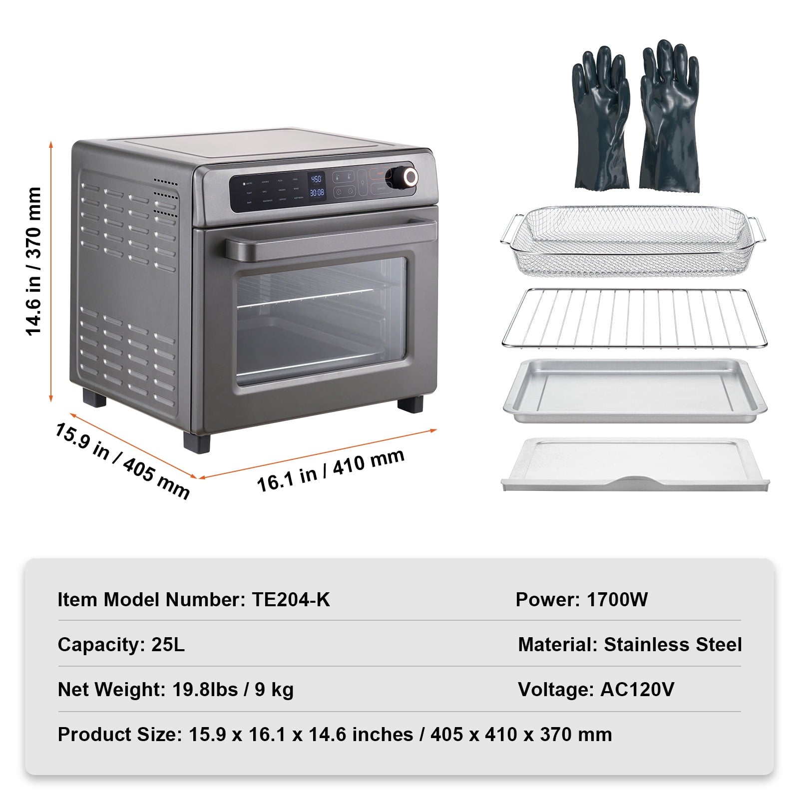 KFFKFF 12-IN-1 1700W Air Fryer Toaster Oven 25L Stainless Steel Convection Oven