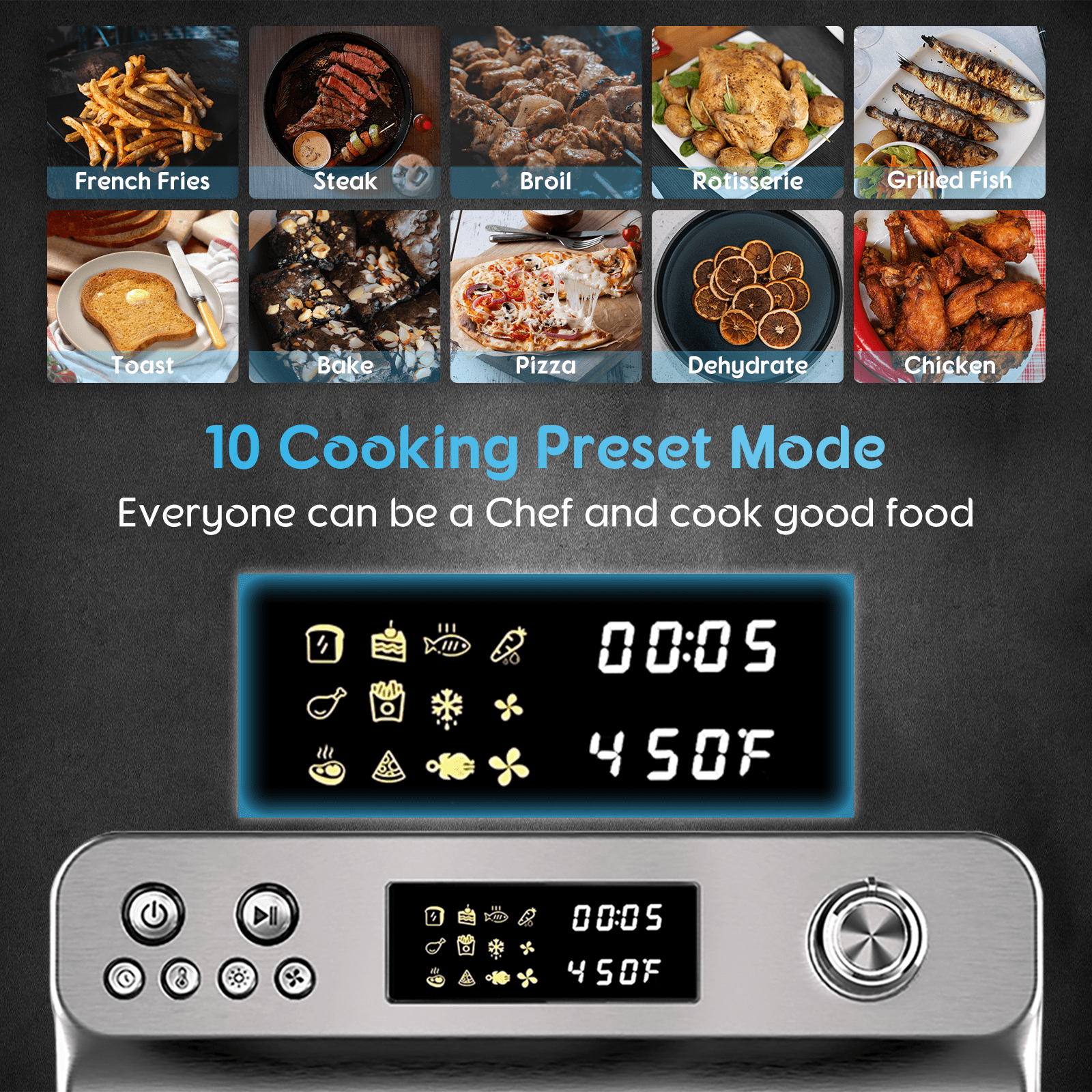 HYSapientia 26QT Stainless Steel Air Fryer Oven With Rotisserie 1800W Air Fryer Toaster oven,10 In 1 Countertop Oven