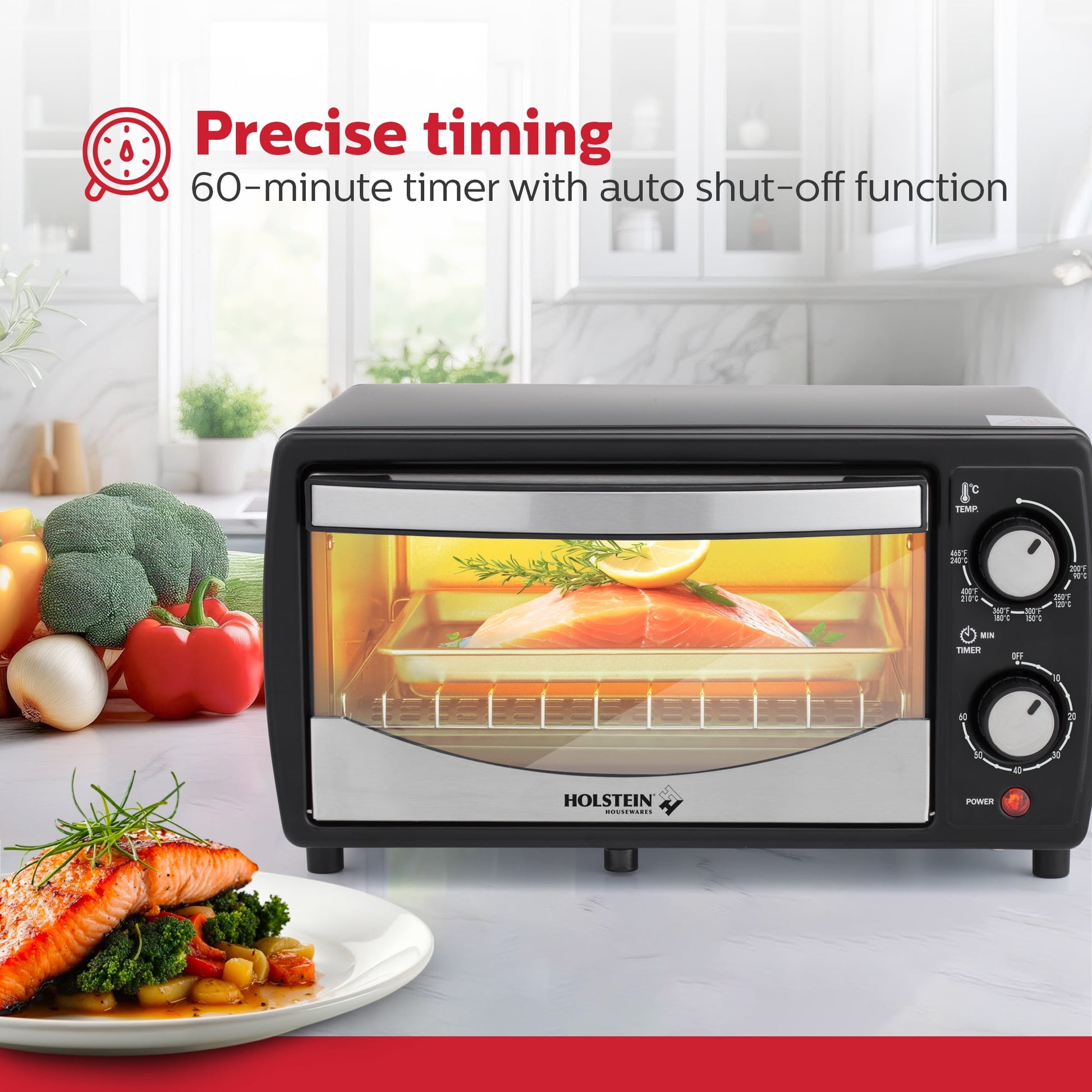 Holstein Housewares 4 Slice Countertop Toaster Oven with 60 Minute Timer Includes Pan and Wire Rack, Bake, Broil, Toast, Black