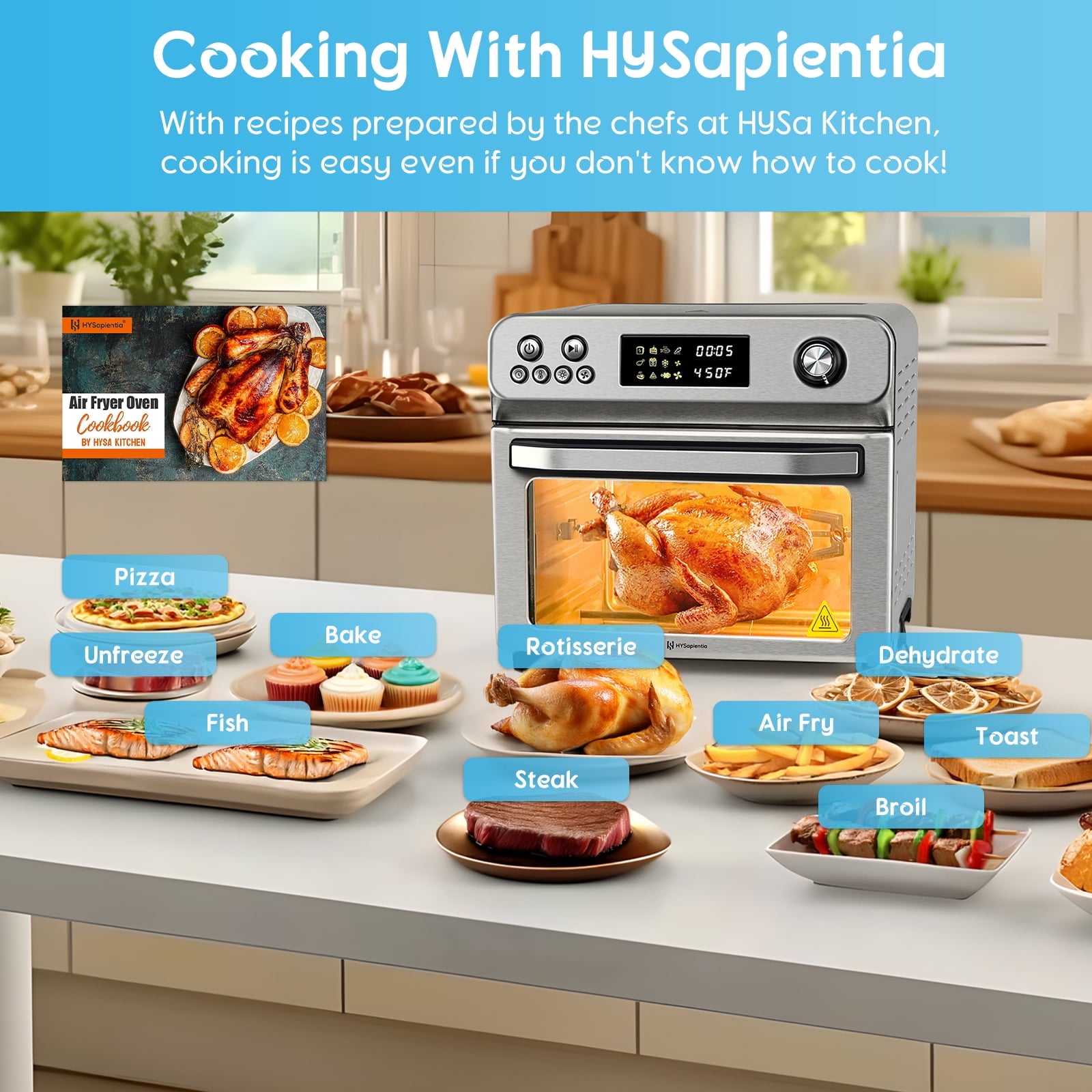 HYSapientia 26QT Stainless Steel Air Fryer Oven With Rotisserie 1800W Air Fryer Toaster oven,10 In 1 Countertop Oven