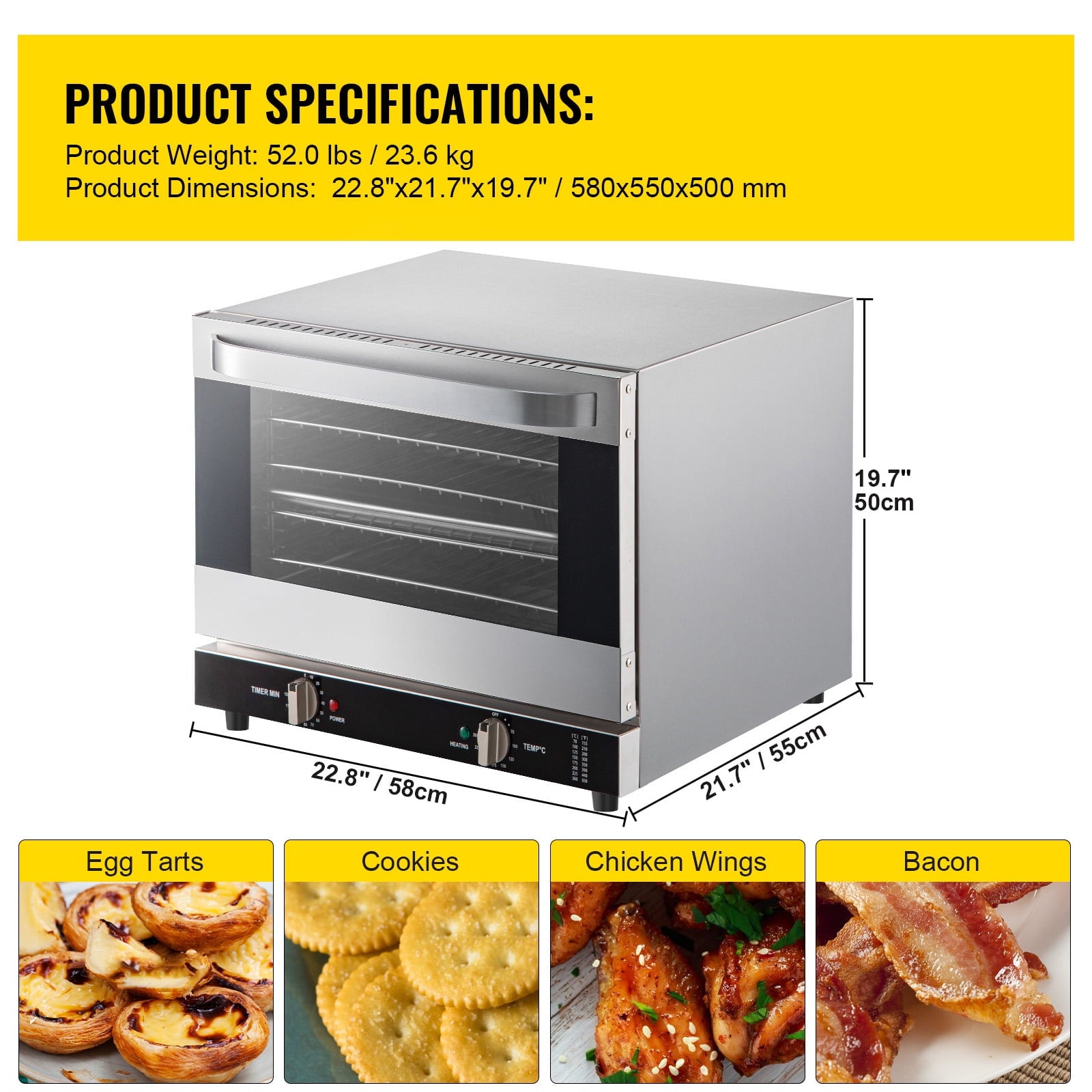 KFFKFF Commercial Convection Oven, 66L/60Qt, Half-Size Conventional Oven Countertop, 1800W 4-Tier Toaster with Front Glass Door, Electric Baking Oven with Trays Wire Racks Clip Gloves, 120V