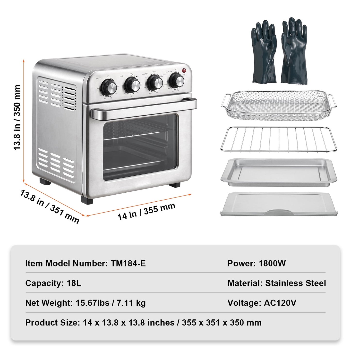 KFFKFF 7-IN-1 Air Fryer Toaster Oven 18L Stainless Steel 1700W Convection Oven