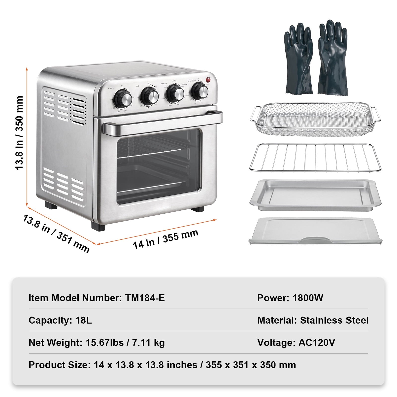 KFFKFF 7-IN-1 Air Fryer Toaster Oven 18L Stainless Steel 1700W Convection Oven