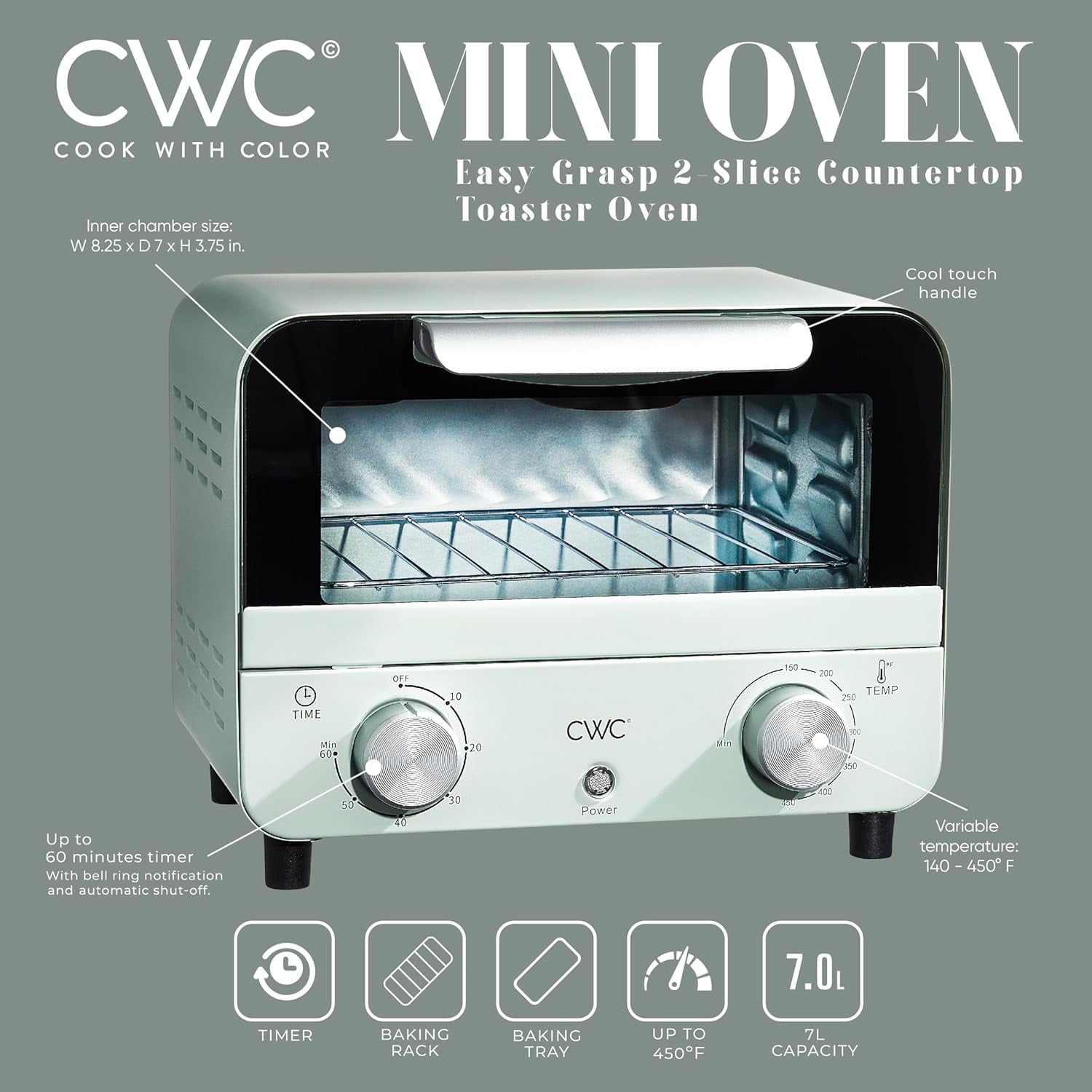 COOK WITH COLOR Small Toaster Oven 600-Watt Countertop Oven Cooker Kitchen Appliance, Sage