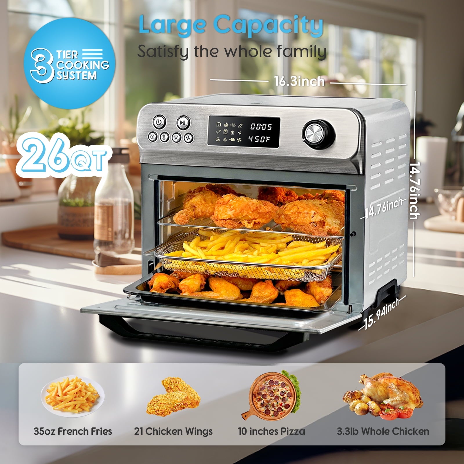 HYSapientia 26QT Stainless Steel Air Fryer Oven With Rotisserie 1800W Air Fryer Toaster oven,10 In 1 Countertop Oven