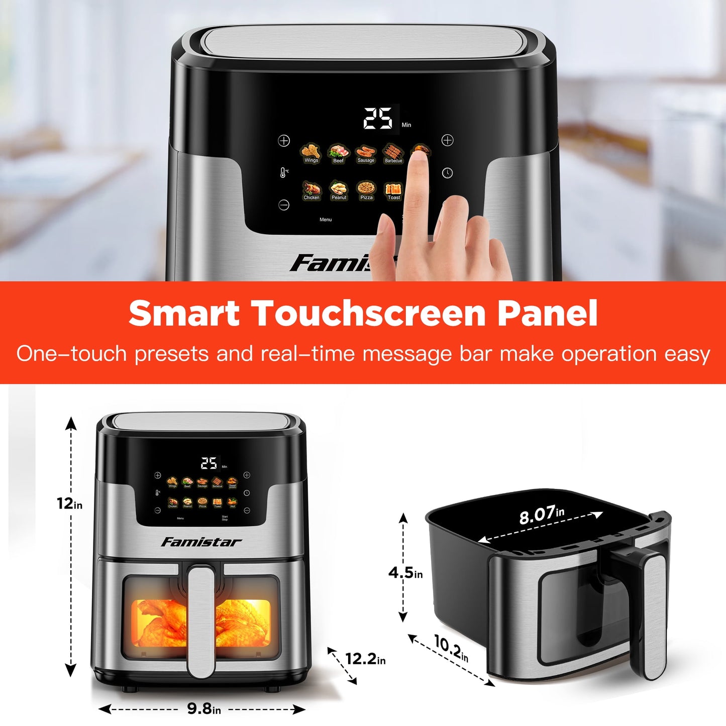 Portable 7.5 QT Air Fryer Oven with 10 Preset Cookings, 10-in-1 Touch Screen, Visible Window, Dishwasher-Safe, Oiless Hot Air Fryer, Includes 100Pcs Paper Liners