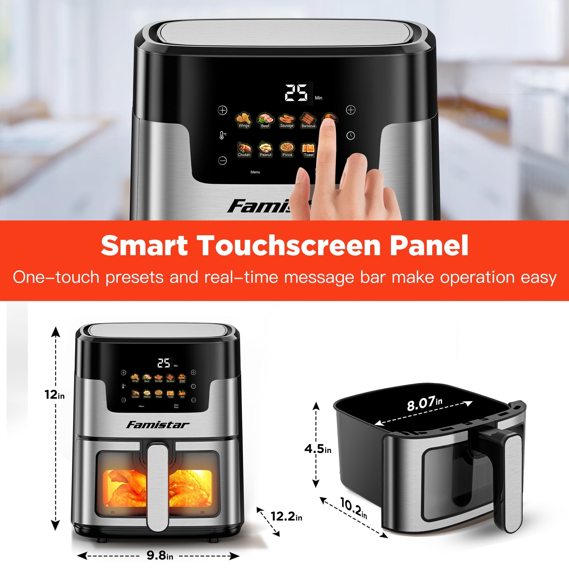 Portable 7.5 QT Air Fryer Oven with 10 Preset Cookings, 10-in-1 Touch Screen, Visible Window, Dishwasher-Safe, Oiless Hot Air Fryer, Includes 100Pcs Paper Liners