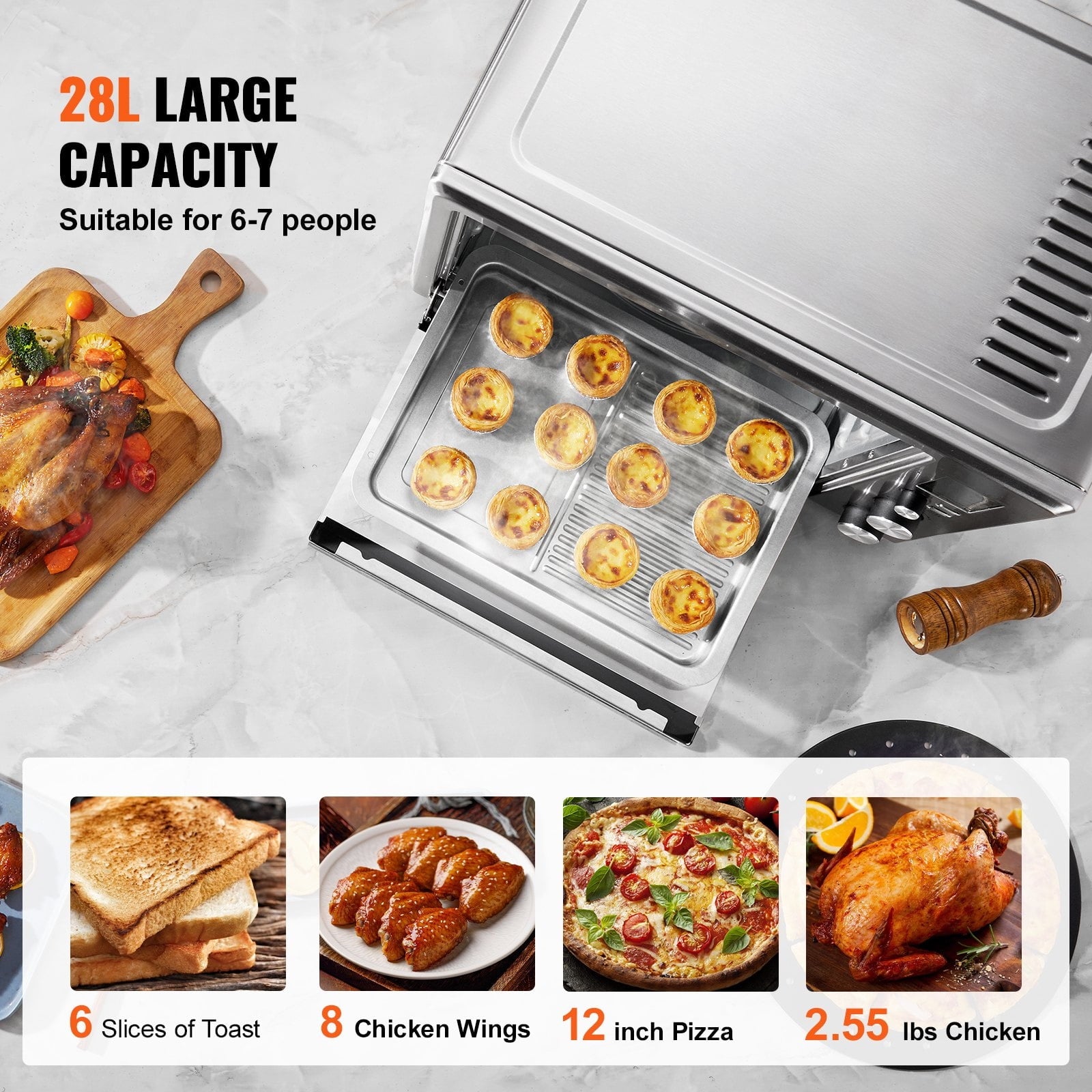 Countertop Convection Oven 28L Toaster Baker 10-IN-1 1800W for Home Use, with LCD Touchscreen, Multiple Cooking Functions, Rotisserie, and Accessories for Baking, Roasting, Toasting, and More