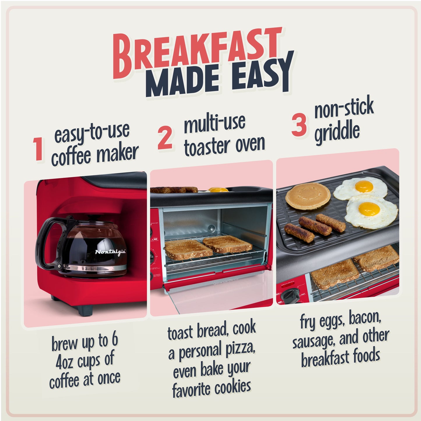 Nostalgia BST3RR Retro 3-in-1 Family Size Electric Breakfast Station, Coffeemaker, Griddle, Toaster Oven - Retro Red