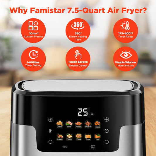 Air Fryer 7.5QT, 10 Preset Programs Air Fryer Oven, 10-in-1 Digital LED Touch Screen, 95% Less Oil, Dishwasher-Safe, 1400W Fast Heating, Visible Window, Air Fryer with 100Pcs Liner