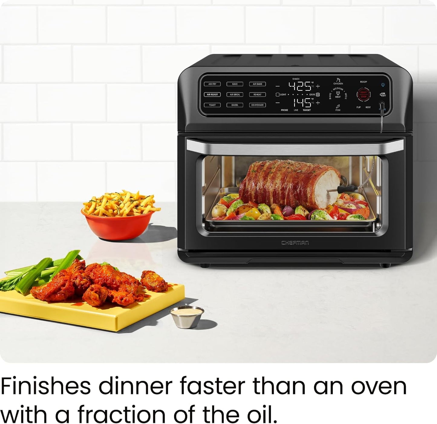 Chefman 12-in-1 Air Fryer Oven Combo w/ Probe Thermometer, 20 Qt Capacity - Black Stainless Steel, New