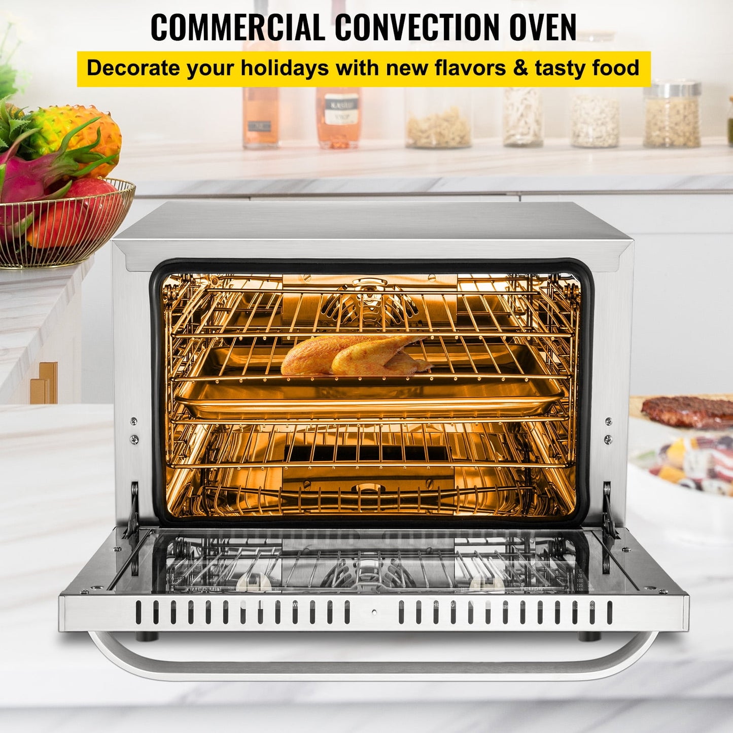 KFFKFF Commercial Convection Oven, 66L/60Qt, Half-Size Conventional Oven Countertop, 1800W 4-Tier Toaster with Front Glass Door, Electric Baking Oven with Trays Wire Racks Clip Gloves, 120V
