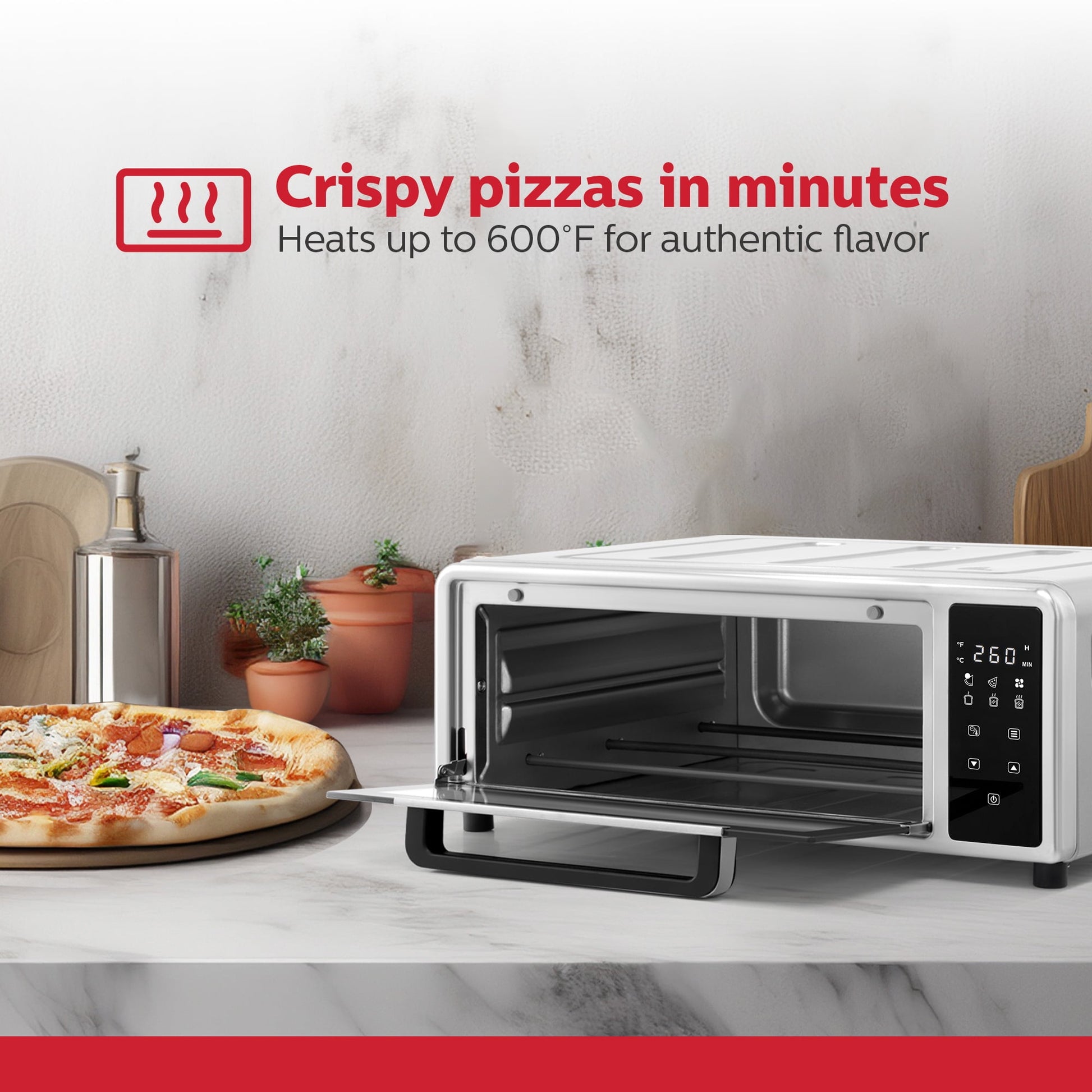 Holstein Housewares Pizza Air Fryer Oven 600°F – 12-Inch Countertop Convection Oven with Air Fryer, Bake, Toast, and Broil Functions, 1700W, Compact Design for Quick Meals, Stainless Steel