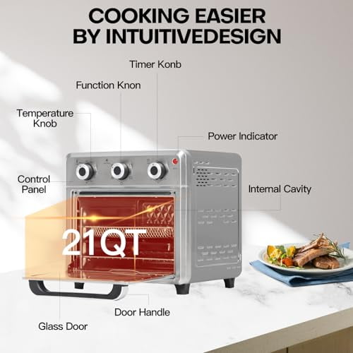 Panana Compact Airfryer Toaster Oven, 1400W 21QT with 6-in-1 Multifunctions and Wide Temperature Range, Air Fryer Oven with 60-Minute Timer/Auto-Off, Stainless Steel Countertop Ove