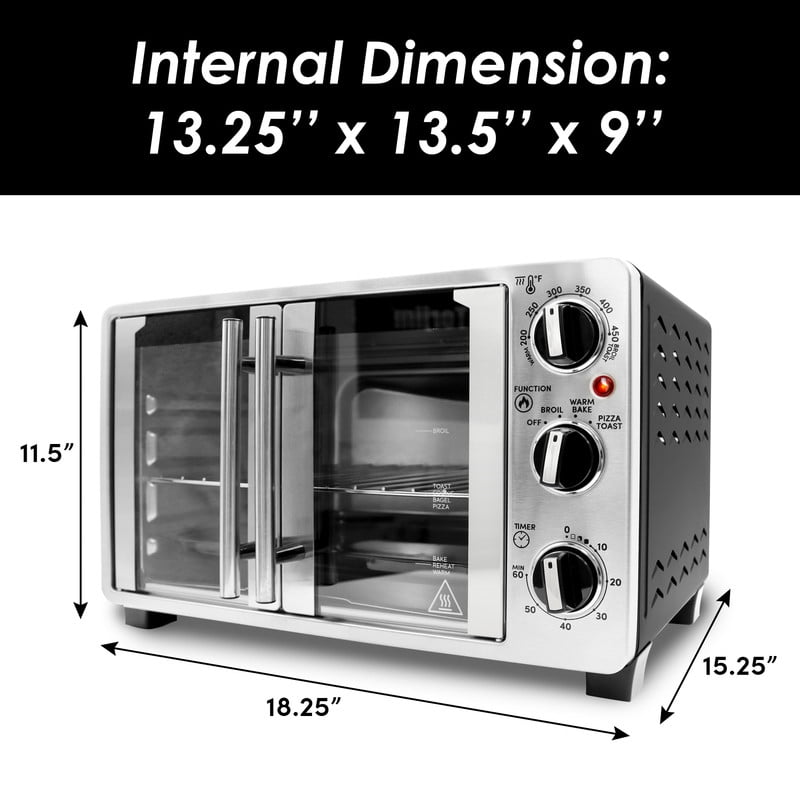 Elite Cuisine ETO3055 Double French Door Toaster Oven fits 12" Pizza, Stainless Steel