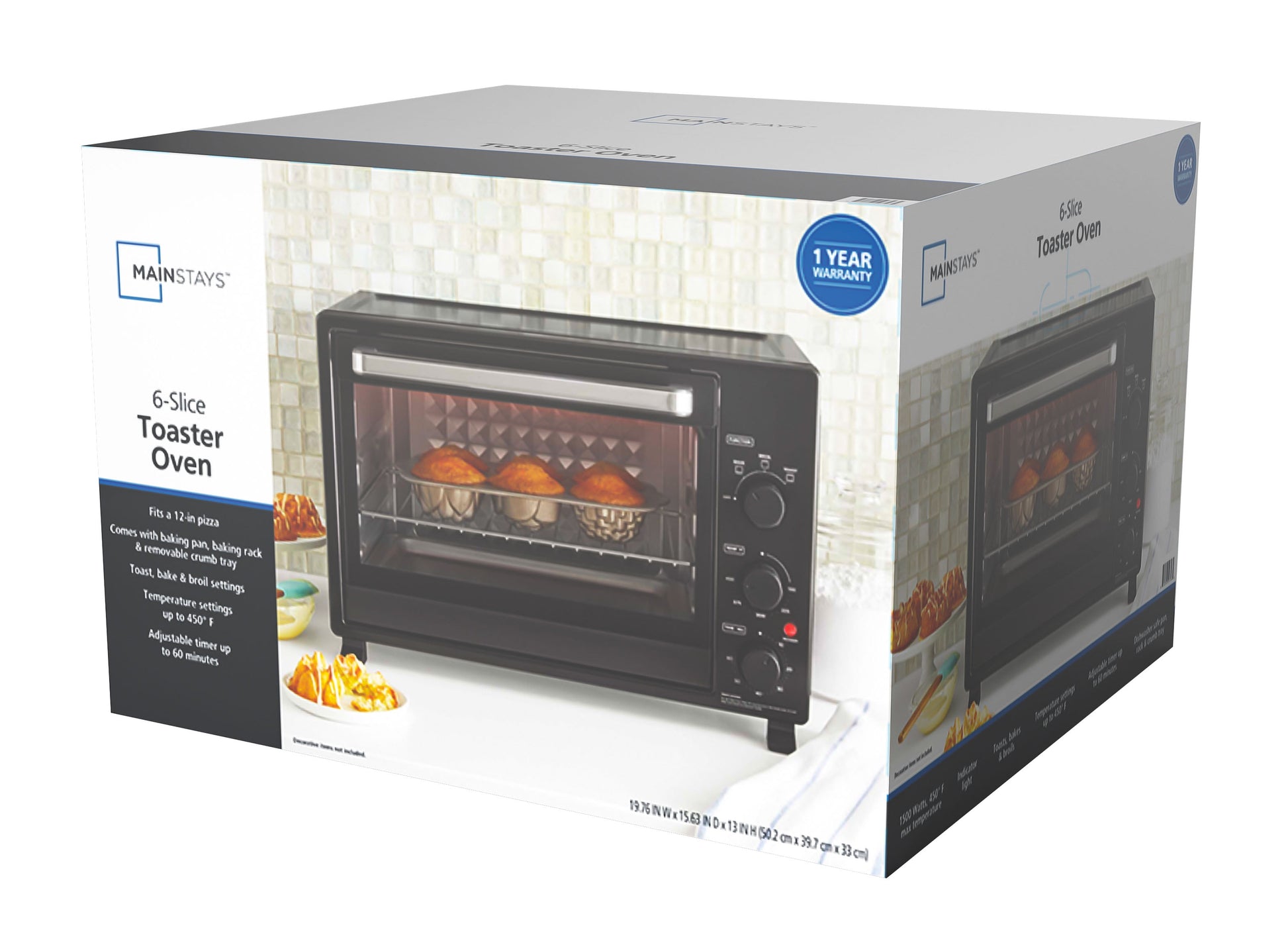 Mainstays XL Toaster Oven, 34QT, 6-Slice Family Size, Black, 1500W, New