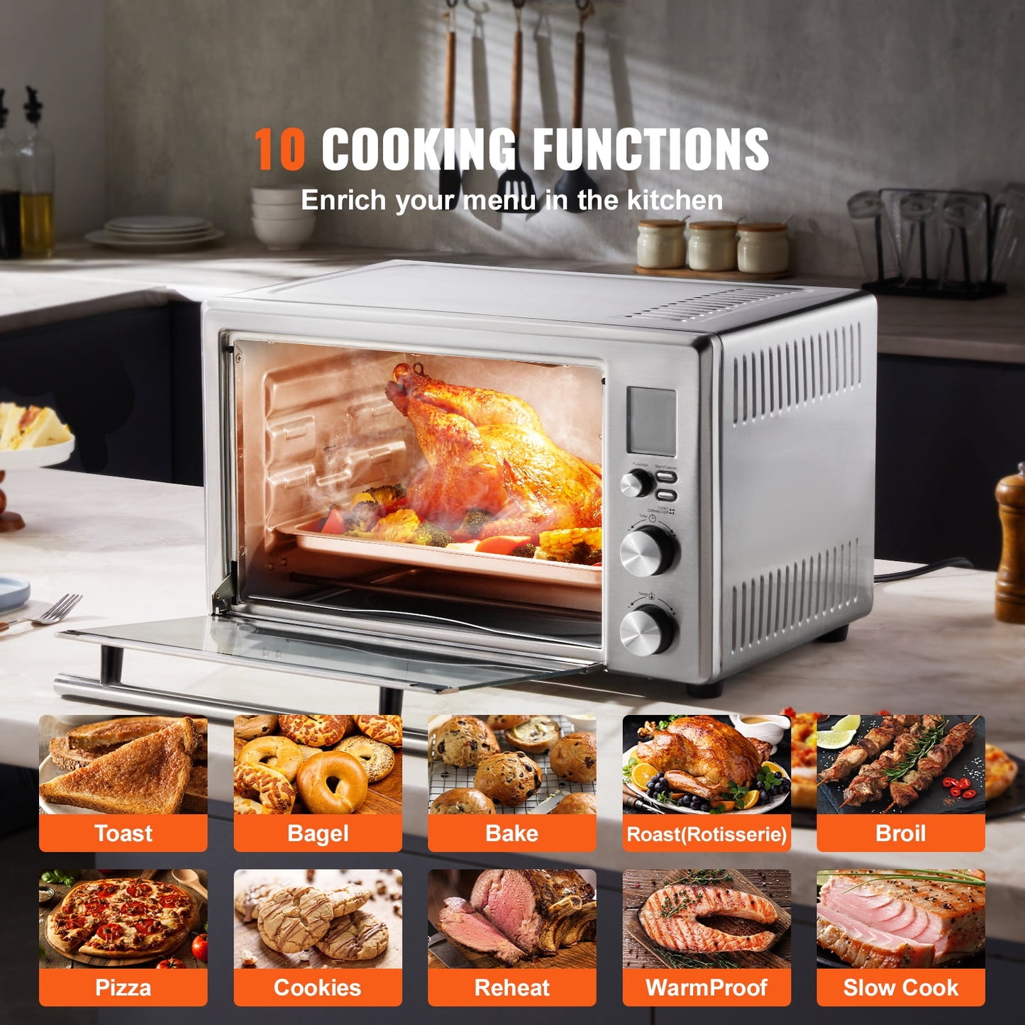 KFFKFF 28L Multifunction Countertop Oven, 1800W, 4-Tier, Front Glass Door, Includes Trays, Wire Racks, Gloves for Home & Commercial