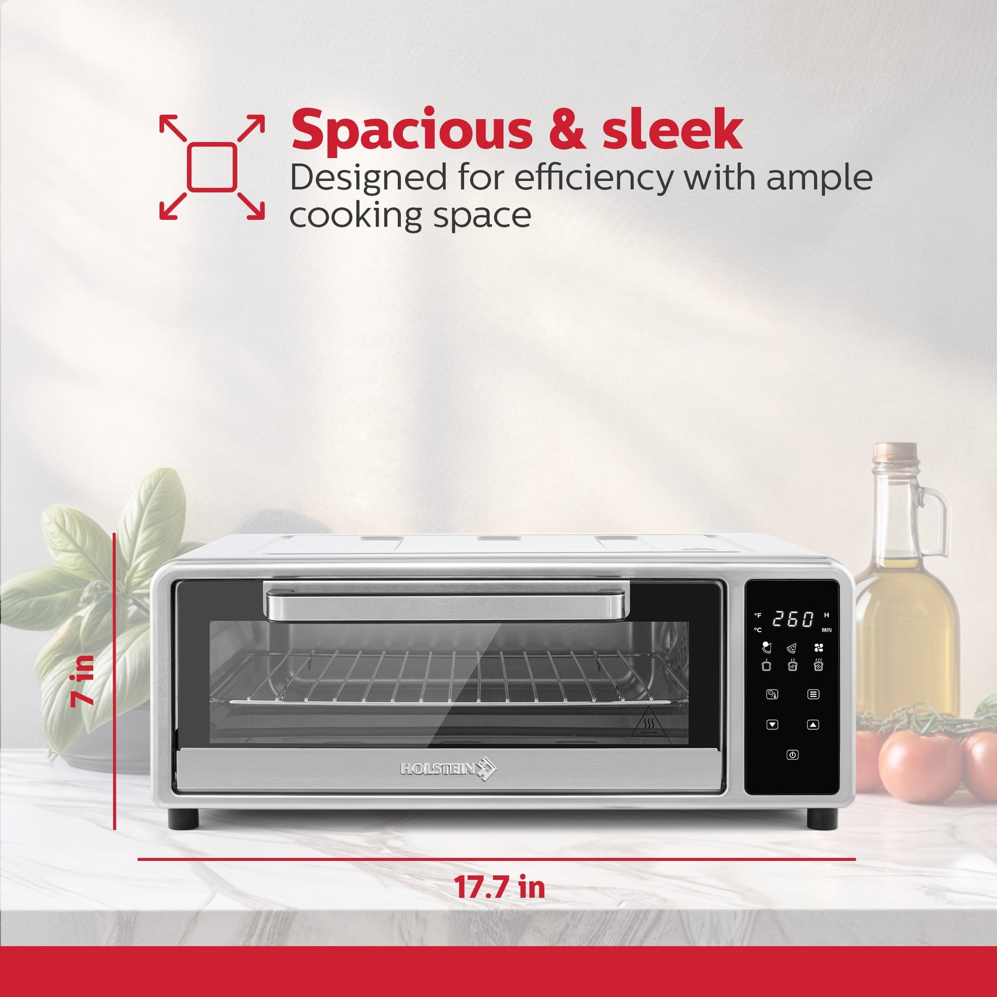 Holstein Housewares Pizza Air Fryer Oven 600°F – 12-Inch Countertop Convection Oven with Air Fryer, Bake, Toast, and Broil Functions, 1700W, Compact Design for Quick Meals, Stainless Steel