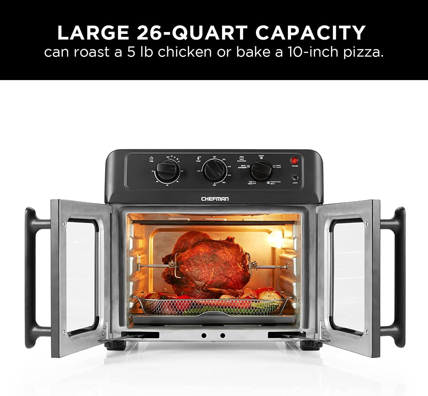 Chefman XL Air Fryer Oven w/ French Doors, 26 Qt Capacity, 5 Functions - Black