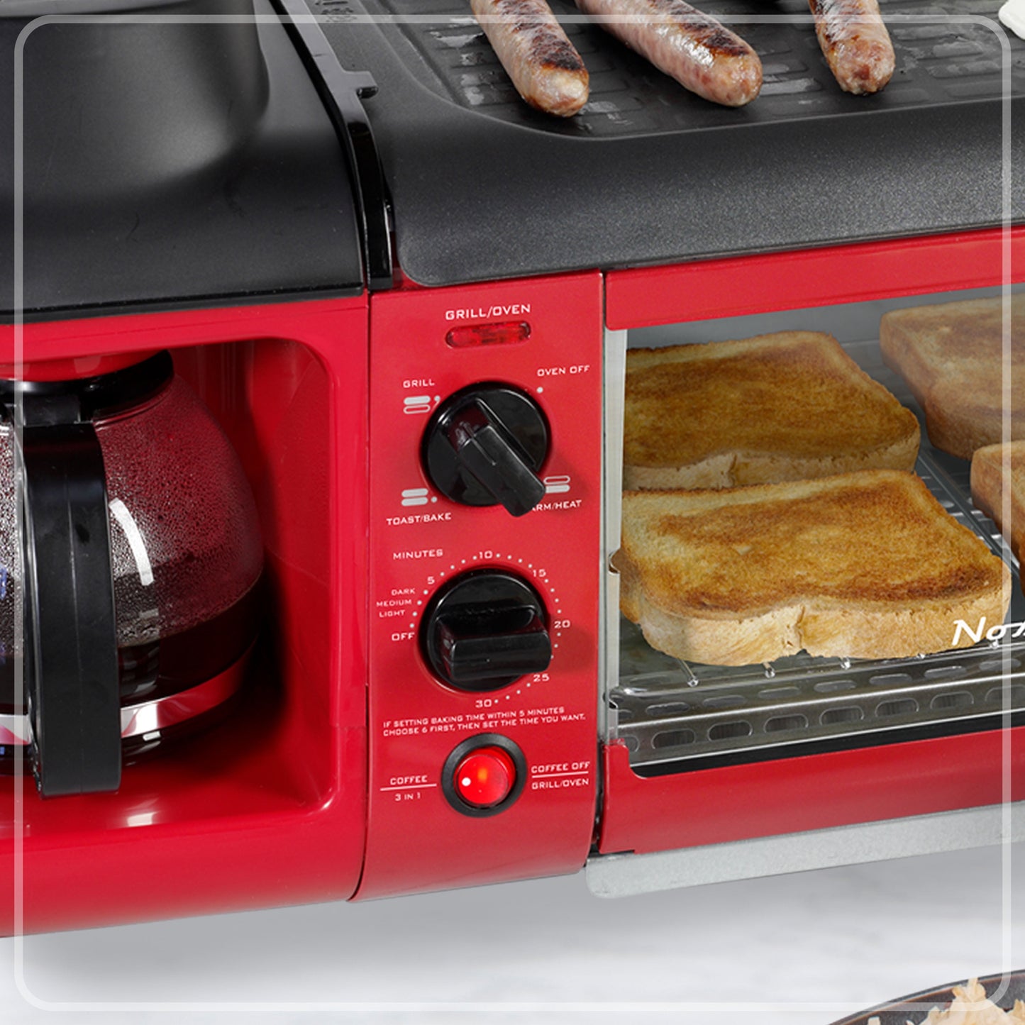 Nostalgia BST3RR Retro 3-in-1 Family Size Electric Breakfast Station, Coffeemaker, Griddle, Toaster Oven - Retro Red