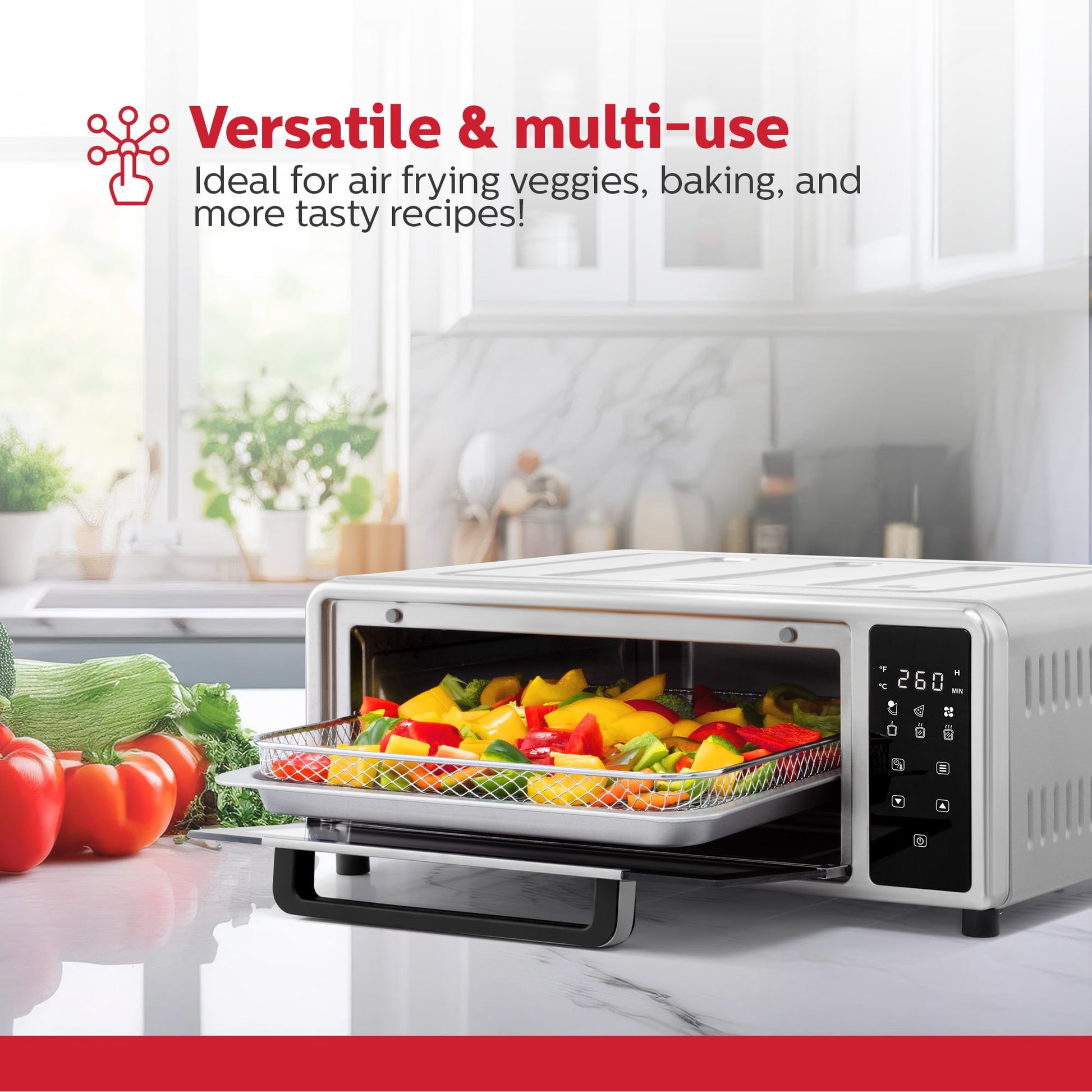 Holstein Housewares Pizza Air Fryer Oven 600°F – 12-Inch Countertop Convection Oven with Air Fryer, Bake, Toast, and Broil Functions, 1700W, Compact Design for Quick Meals, Stainless Steel